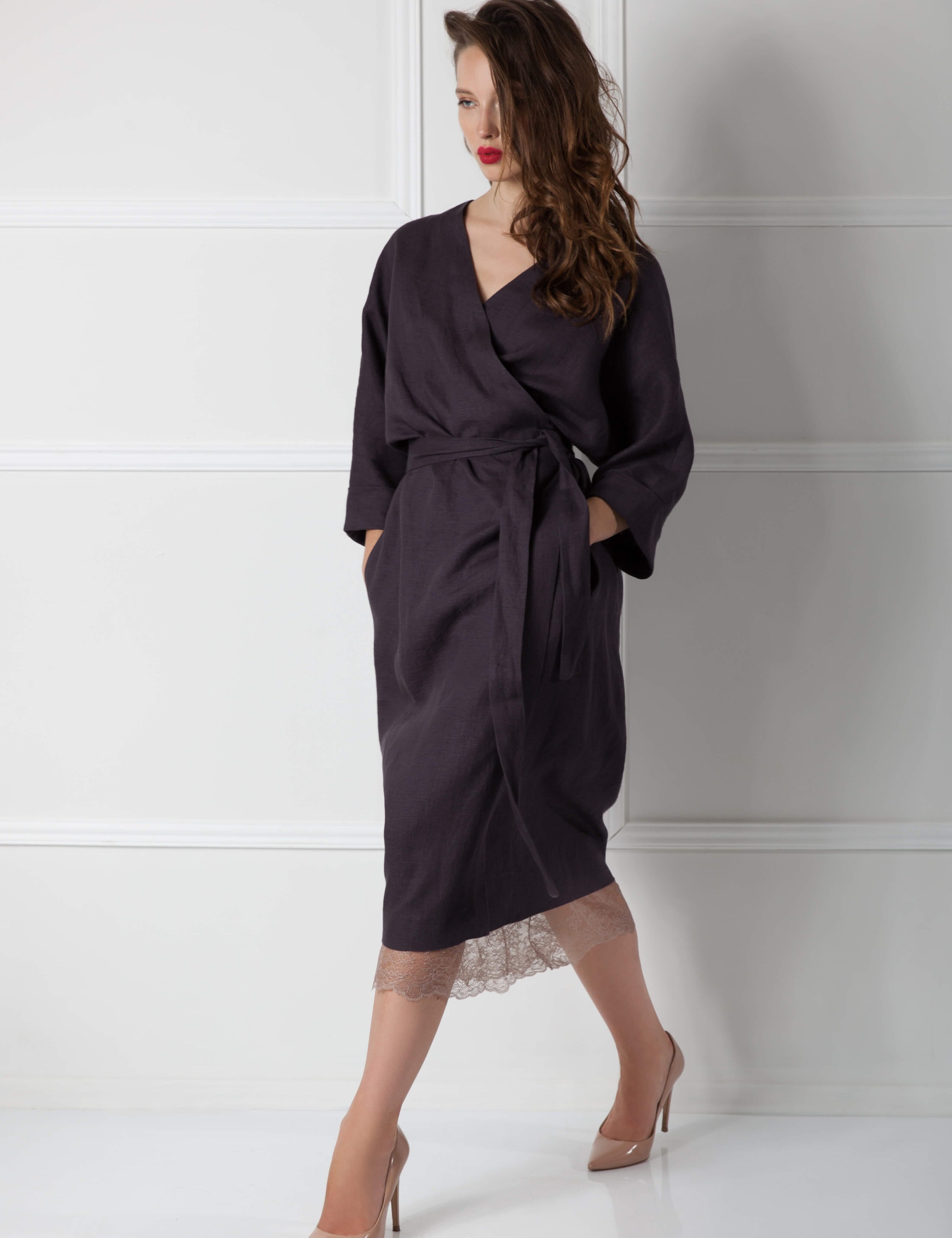 Belted Linen Wrap Dress – Anthracite Product Amoralle