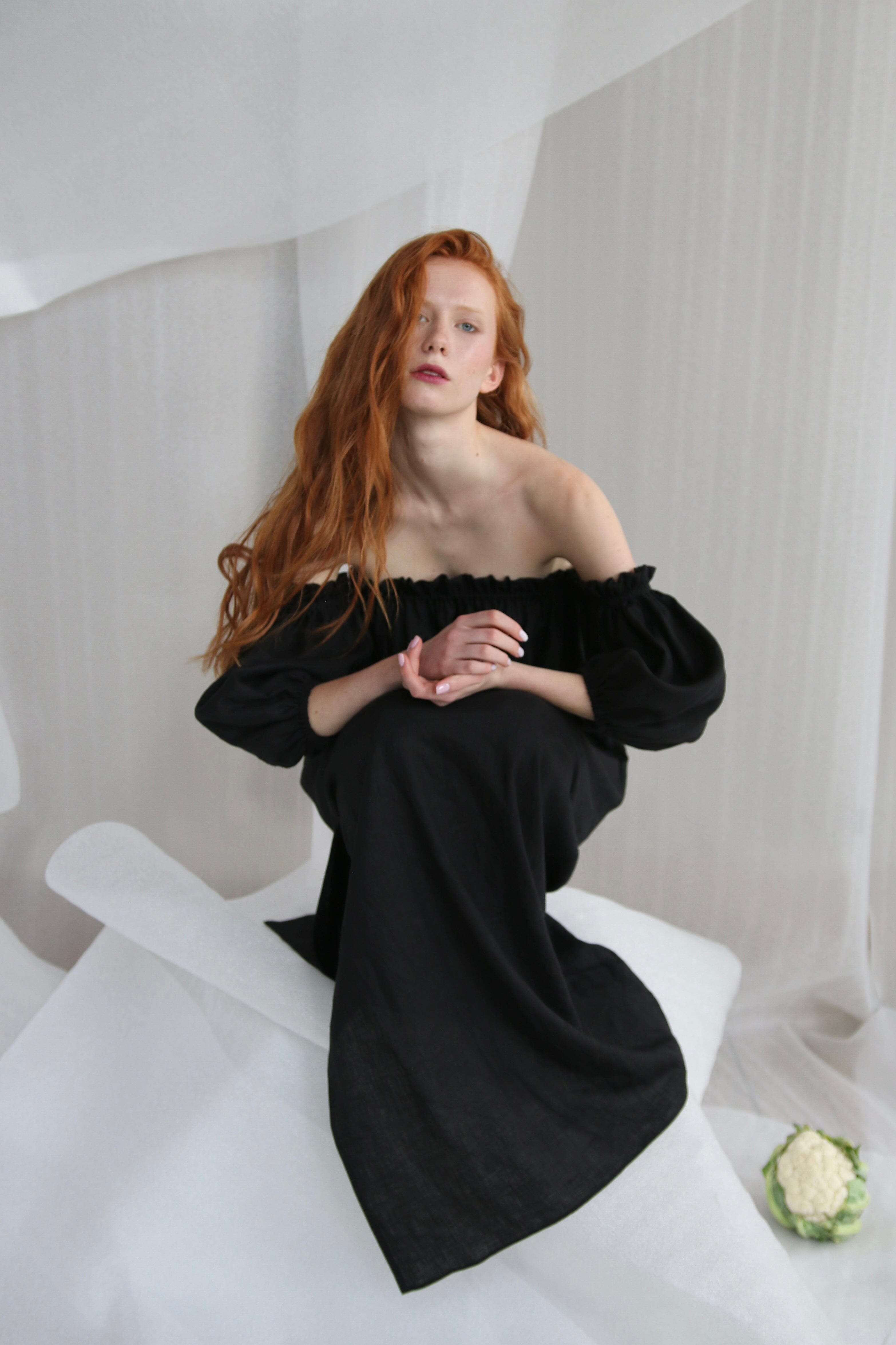  Black Linen Off-Shoulder Dress Product Amoralle