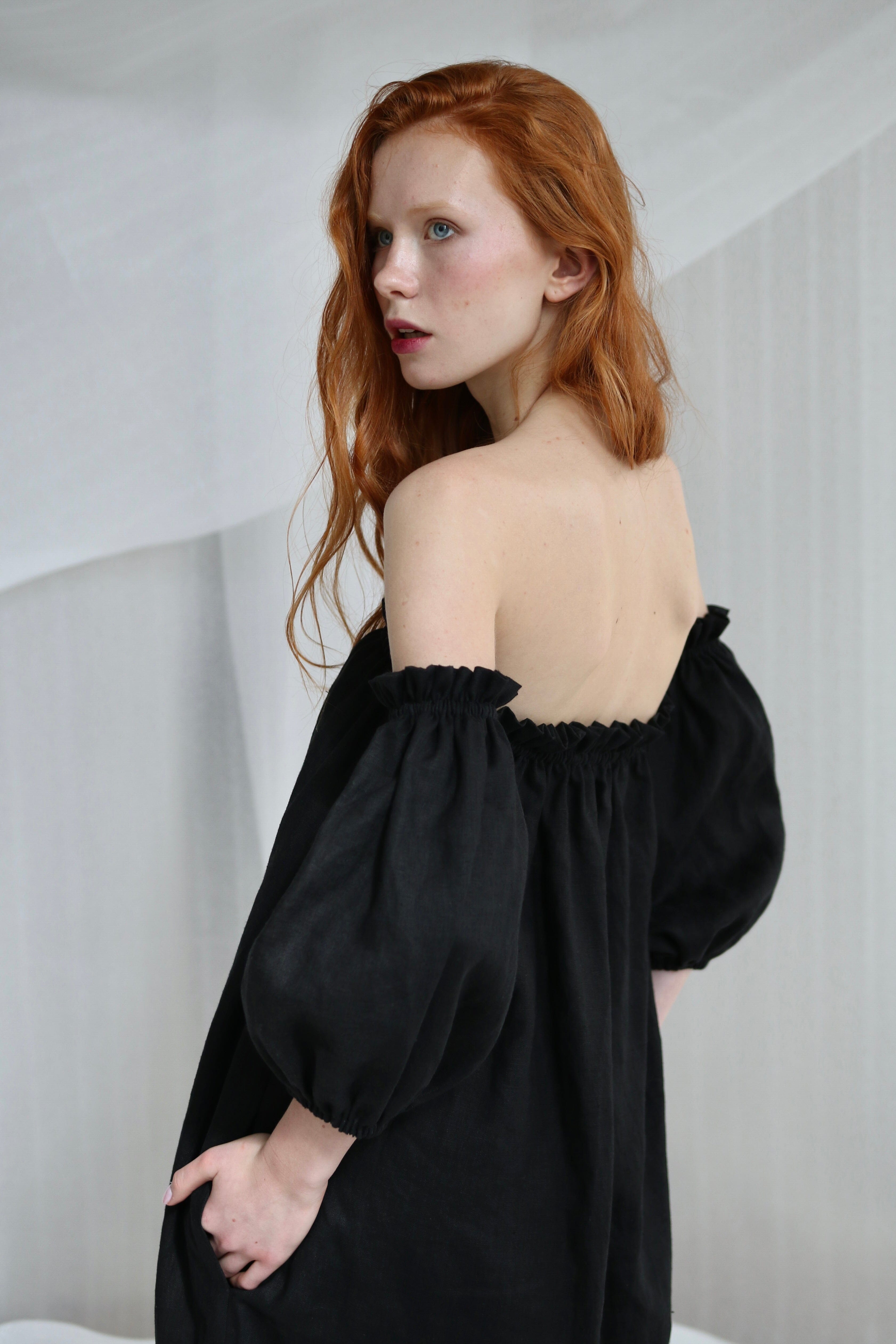  Black Linen Off-Shoulder Dress Product Amoralle