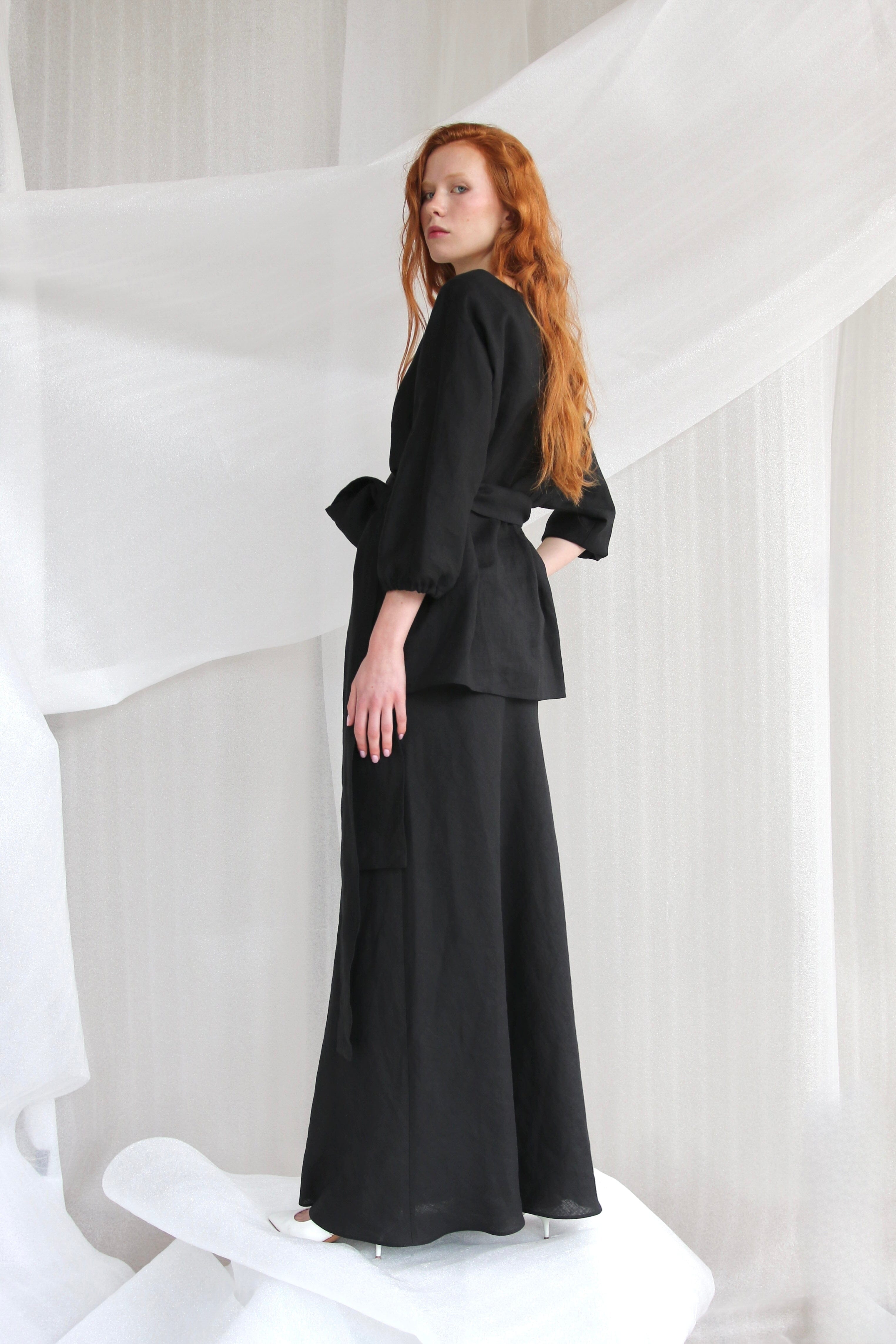  Black Linen Set-Wrap Kimono And Skirt Product Amoralle