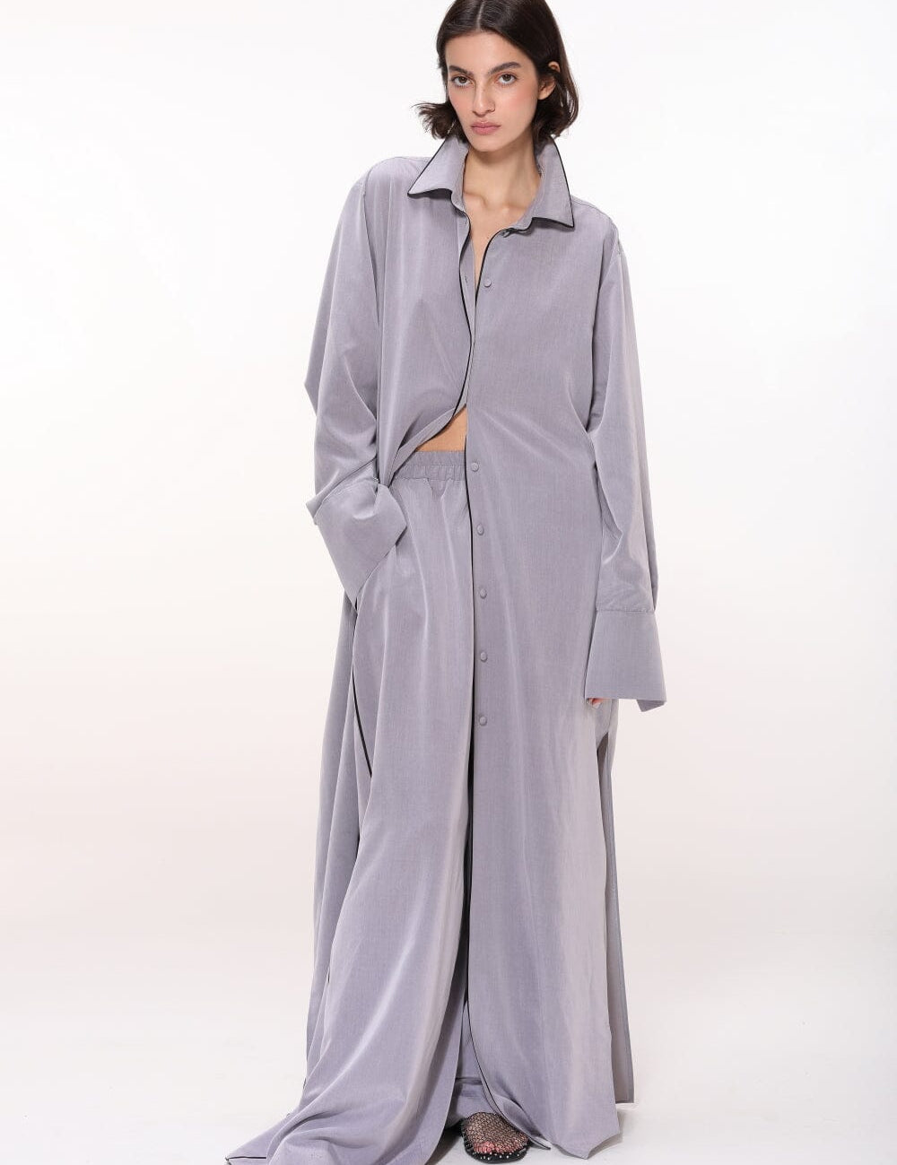 Elegant Grey Satin-Trimmed Pants Product Amoralle