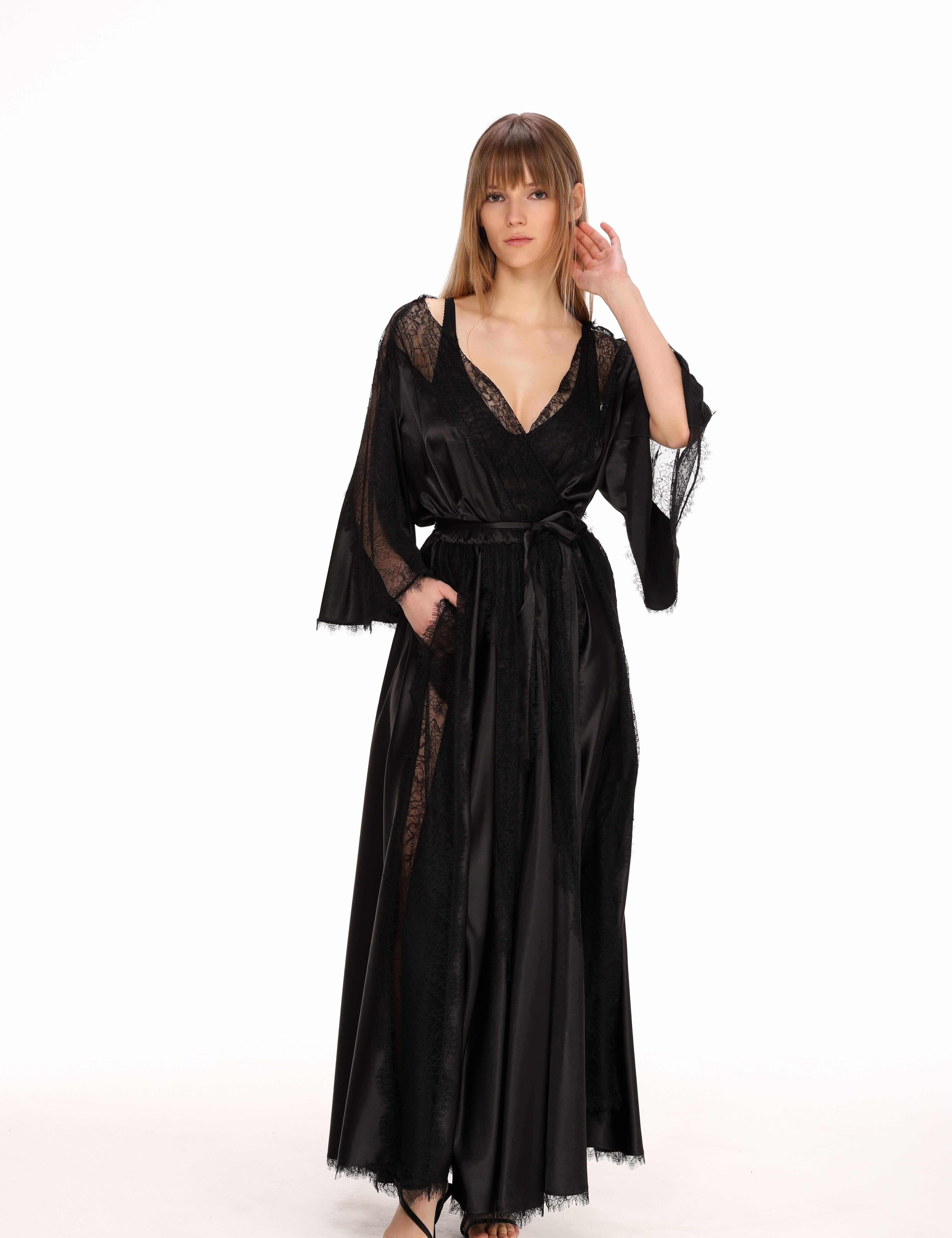 Lace Detail Satin Wrap Dress Product Amoralle