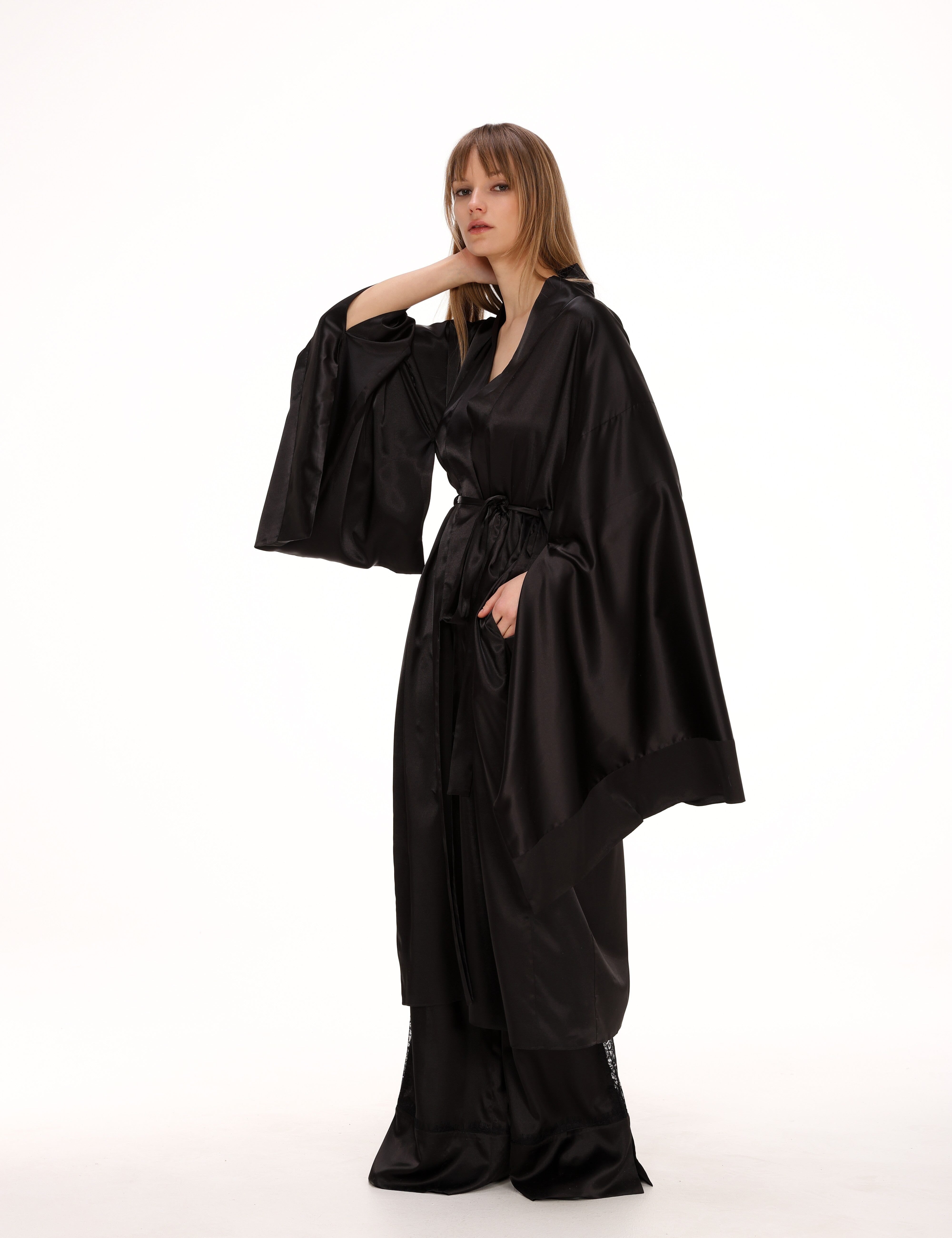 Midi Satin Kimono in Black Product Amoralle