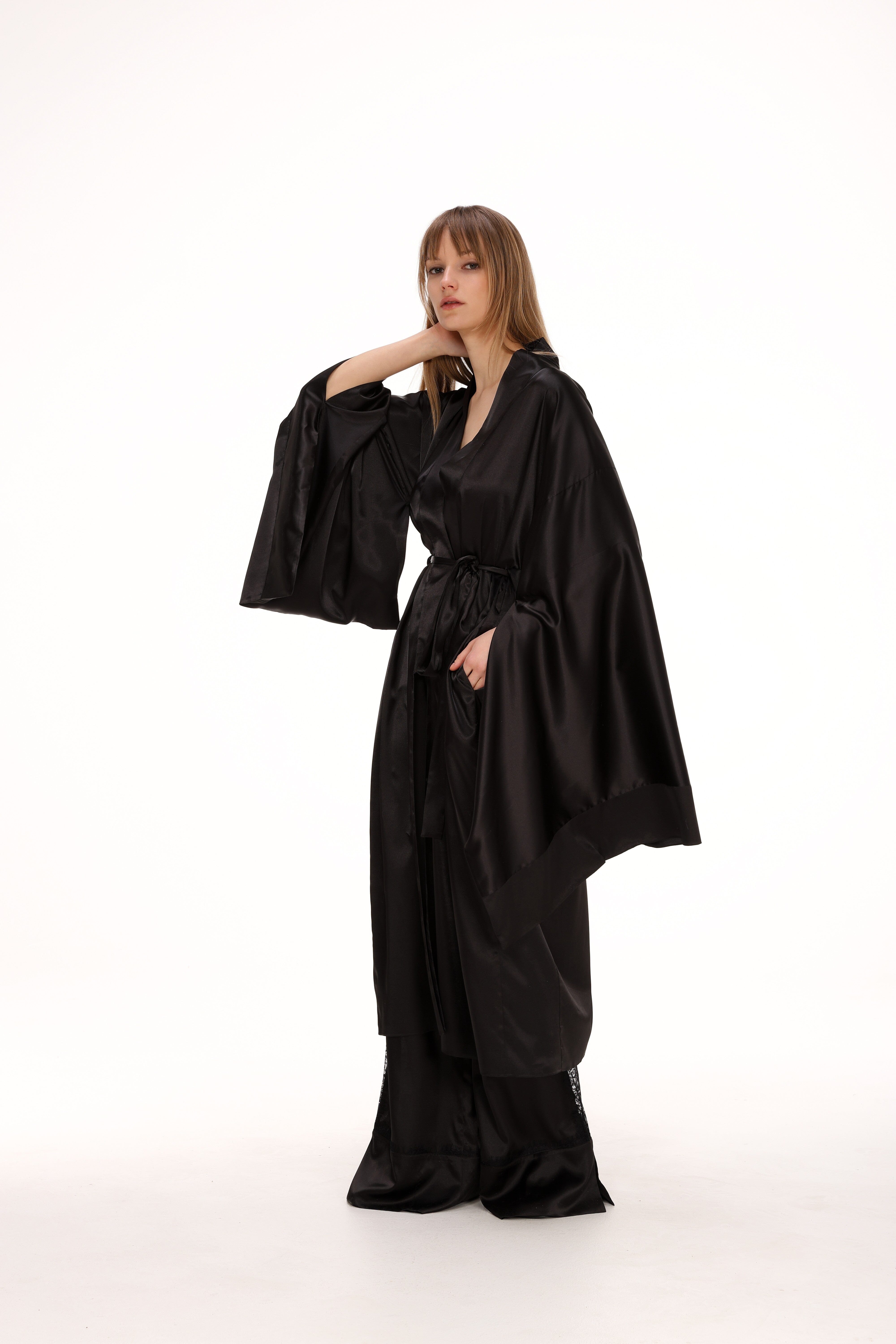Midi Satin Robe in Black Amoralle