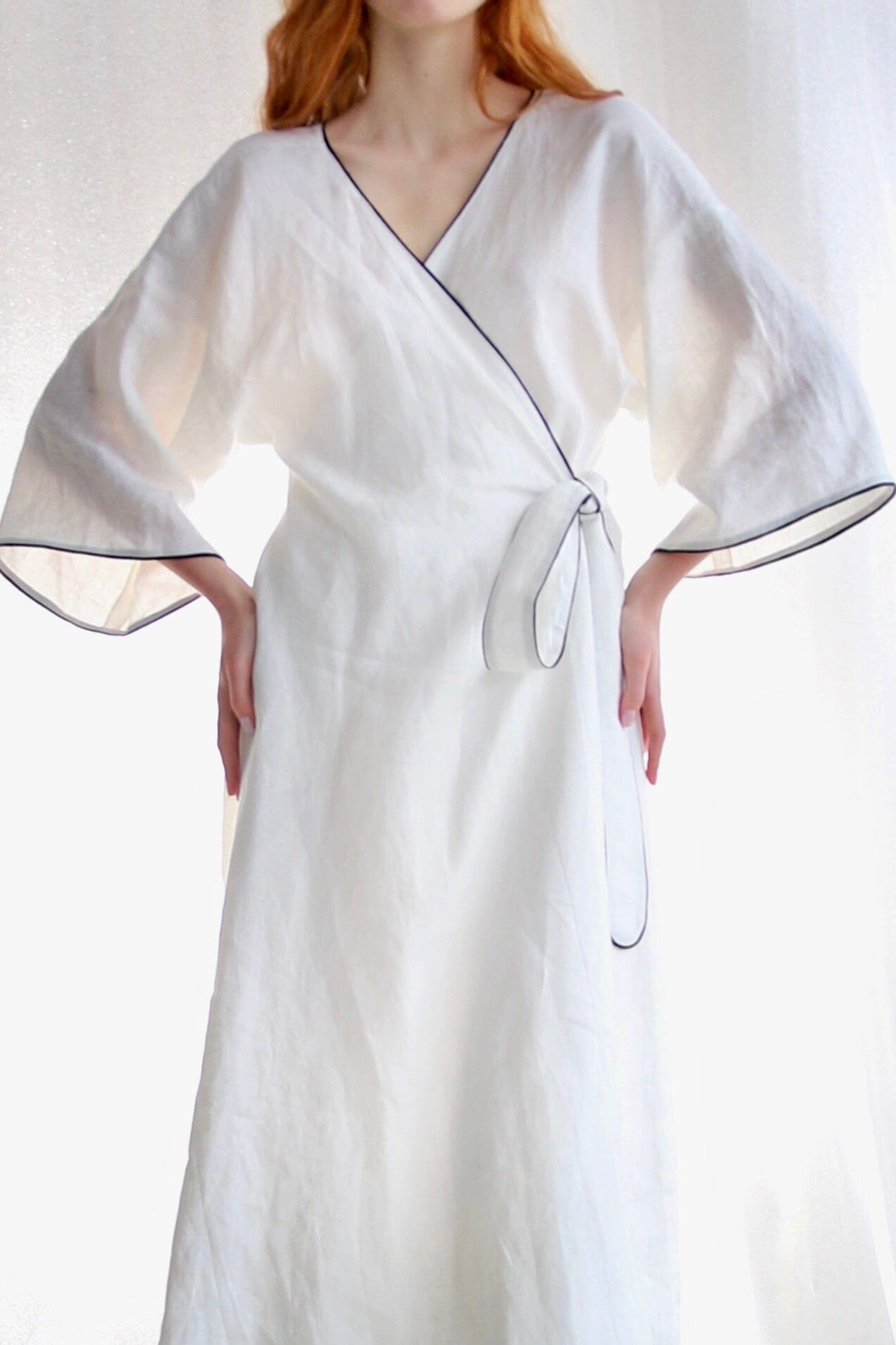  White Linen Wrap Dress With Black Details Product Amoralle