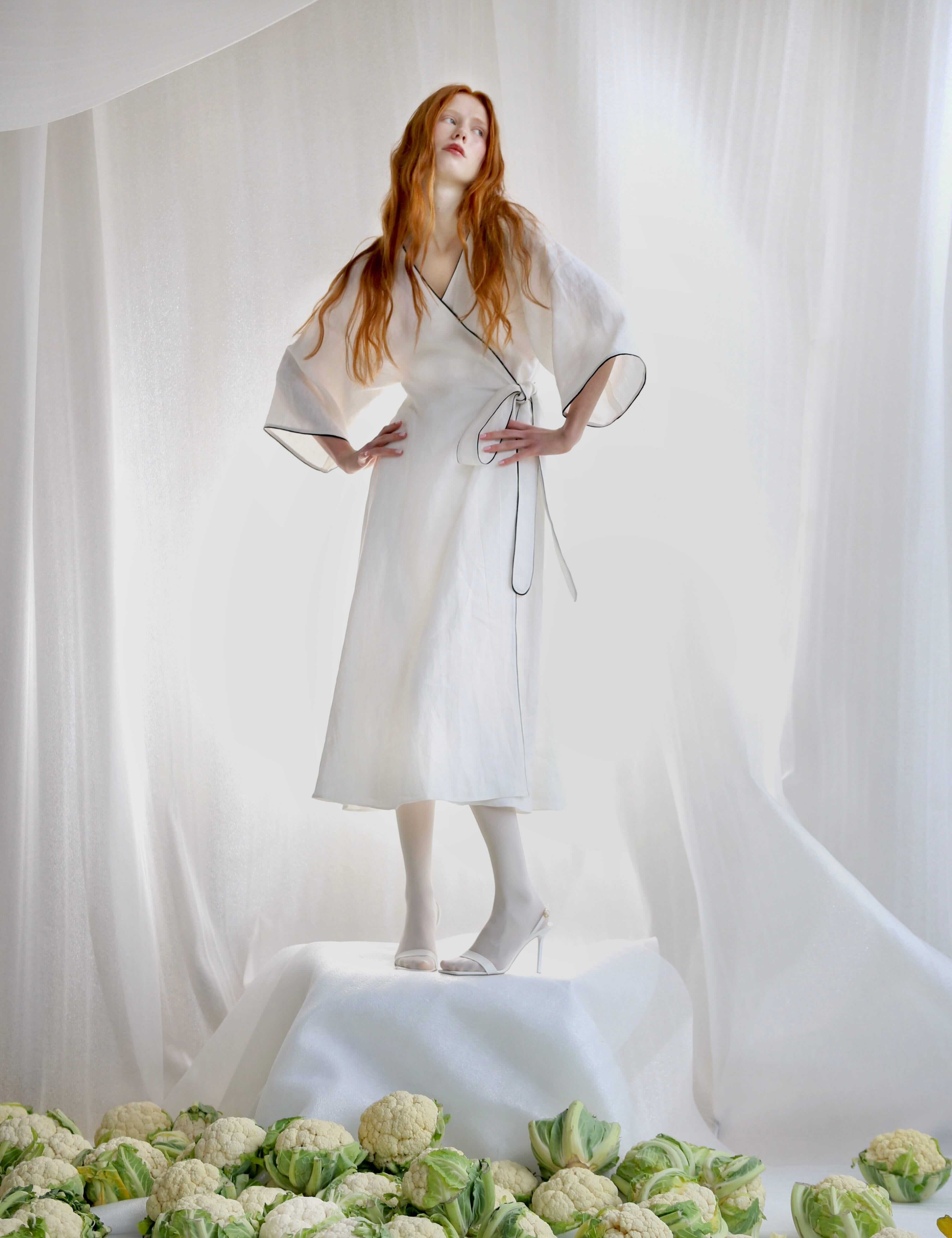 White Linen Wrap Dress With Black Details Product Amoralle
