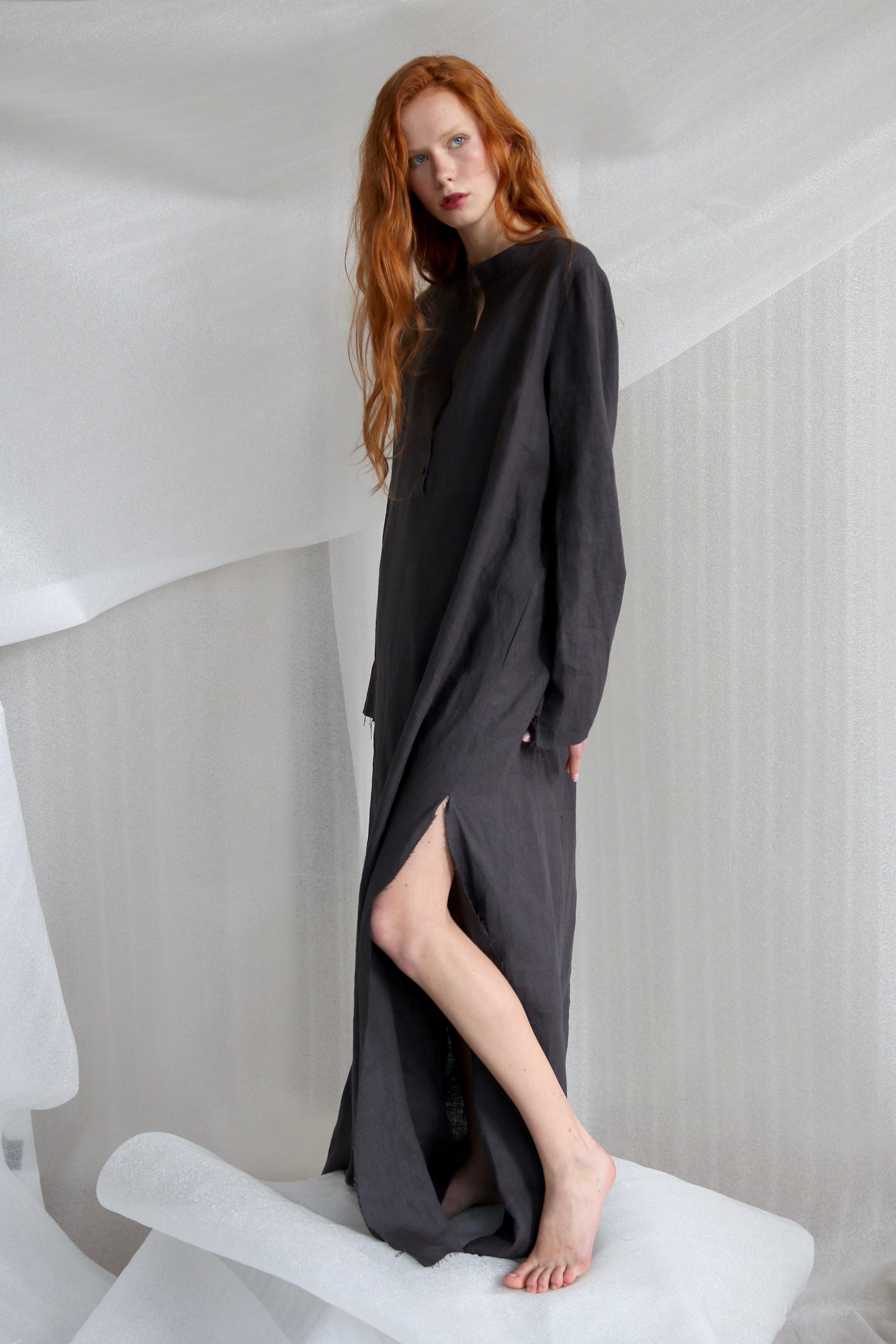  Anthracite Oversized Linen Dress Product Amoralle