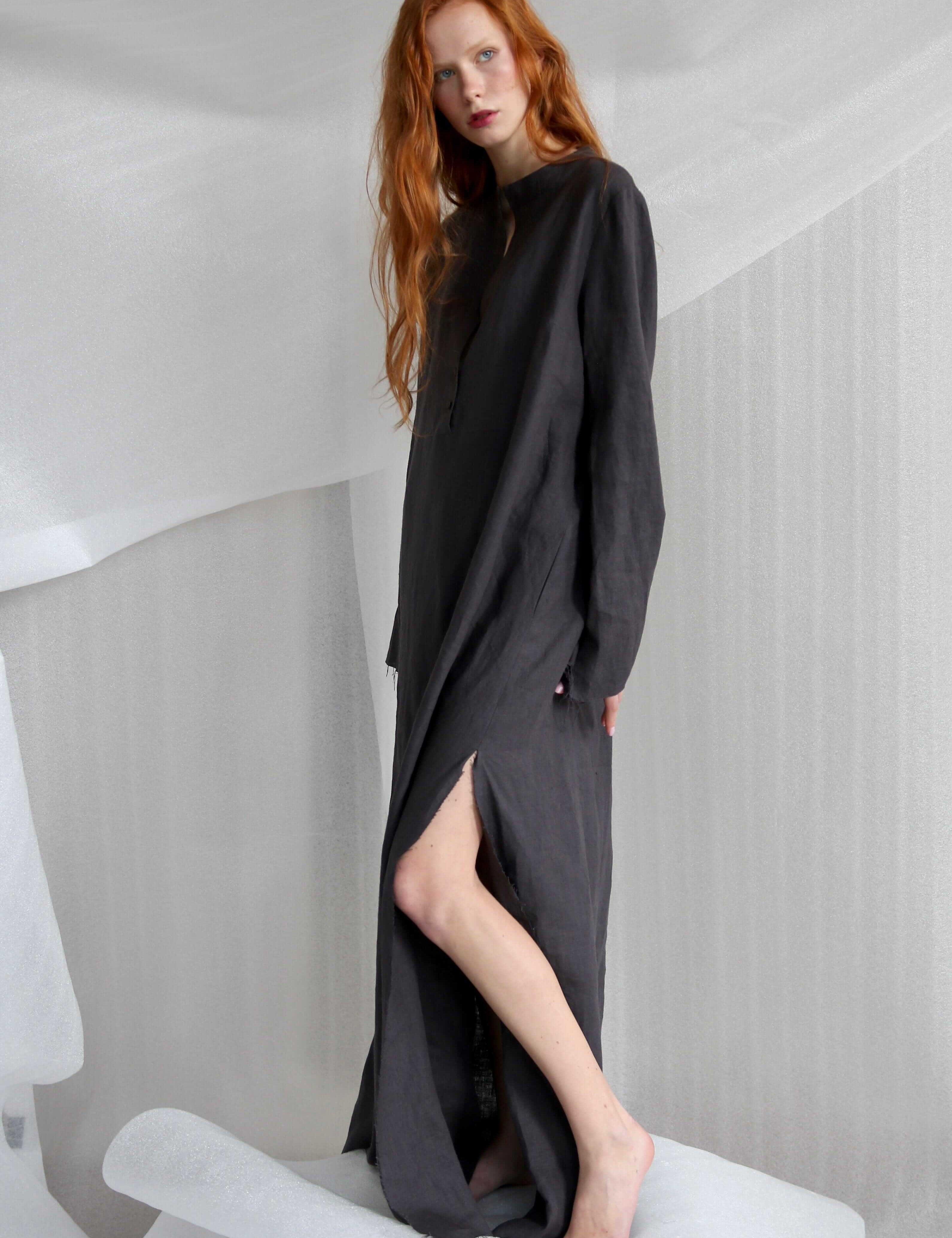  Anthracite Oversized Linen Dress Product Amoralle