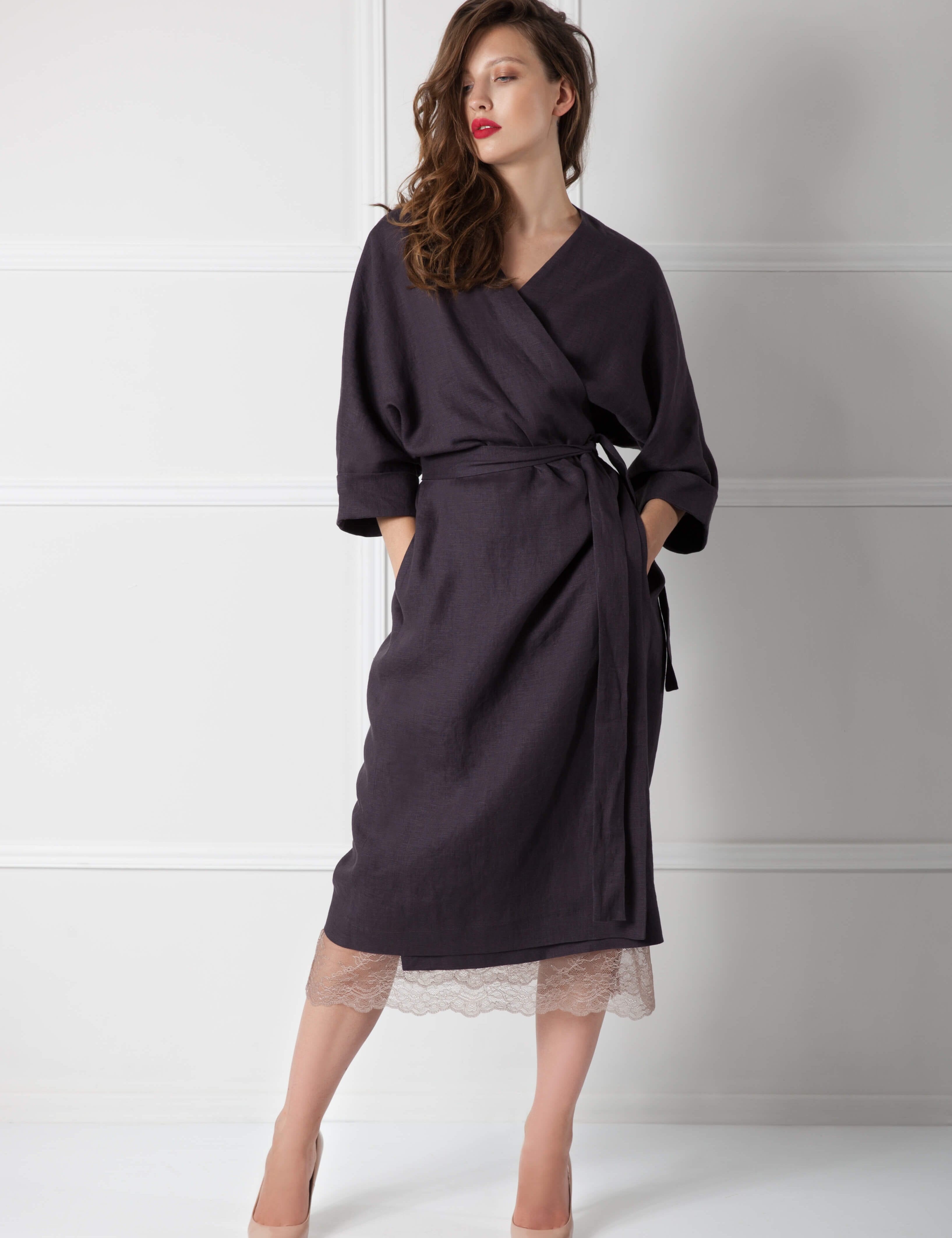  Belted Linen Wrap Dress – Anthracite Product Amoralle