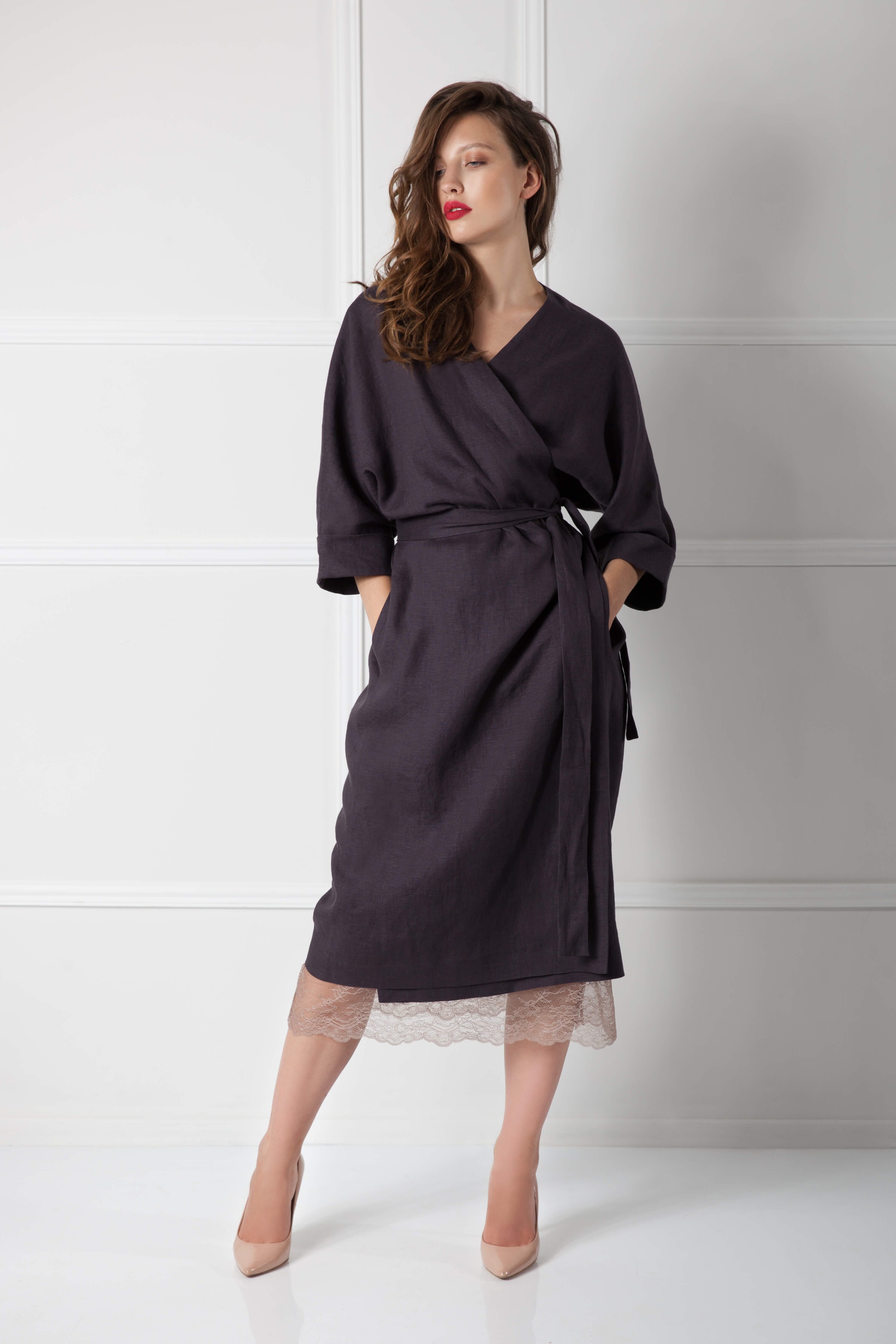  Belted Linen Wrap Dress – Anthracite Product Amoralle