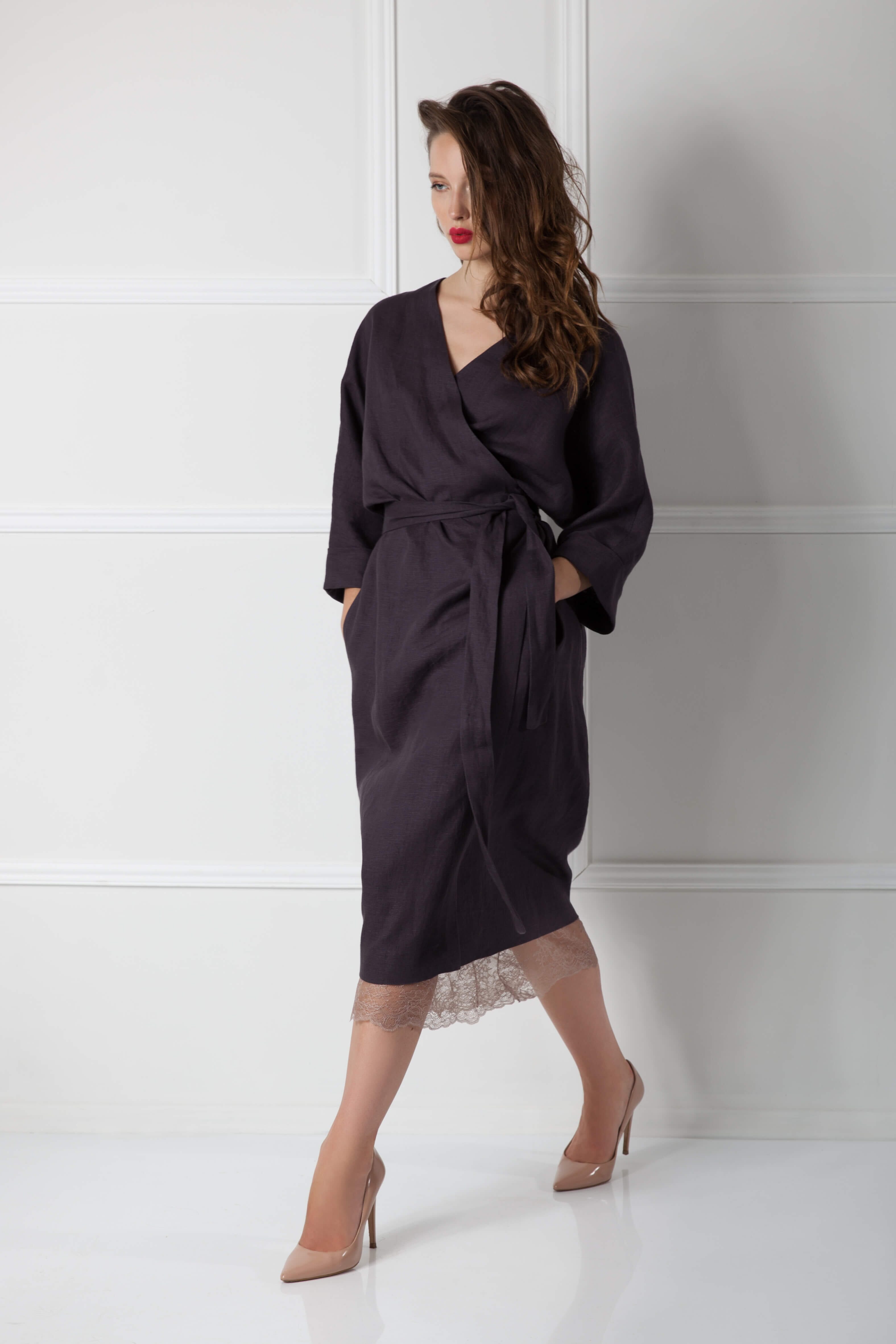  Belted Linen Wrap Dress – Anthracite Product Amoralle