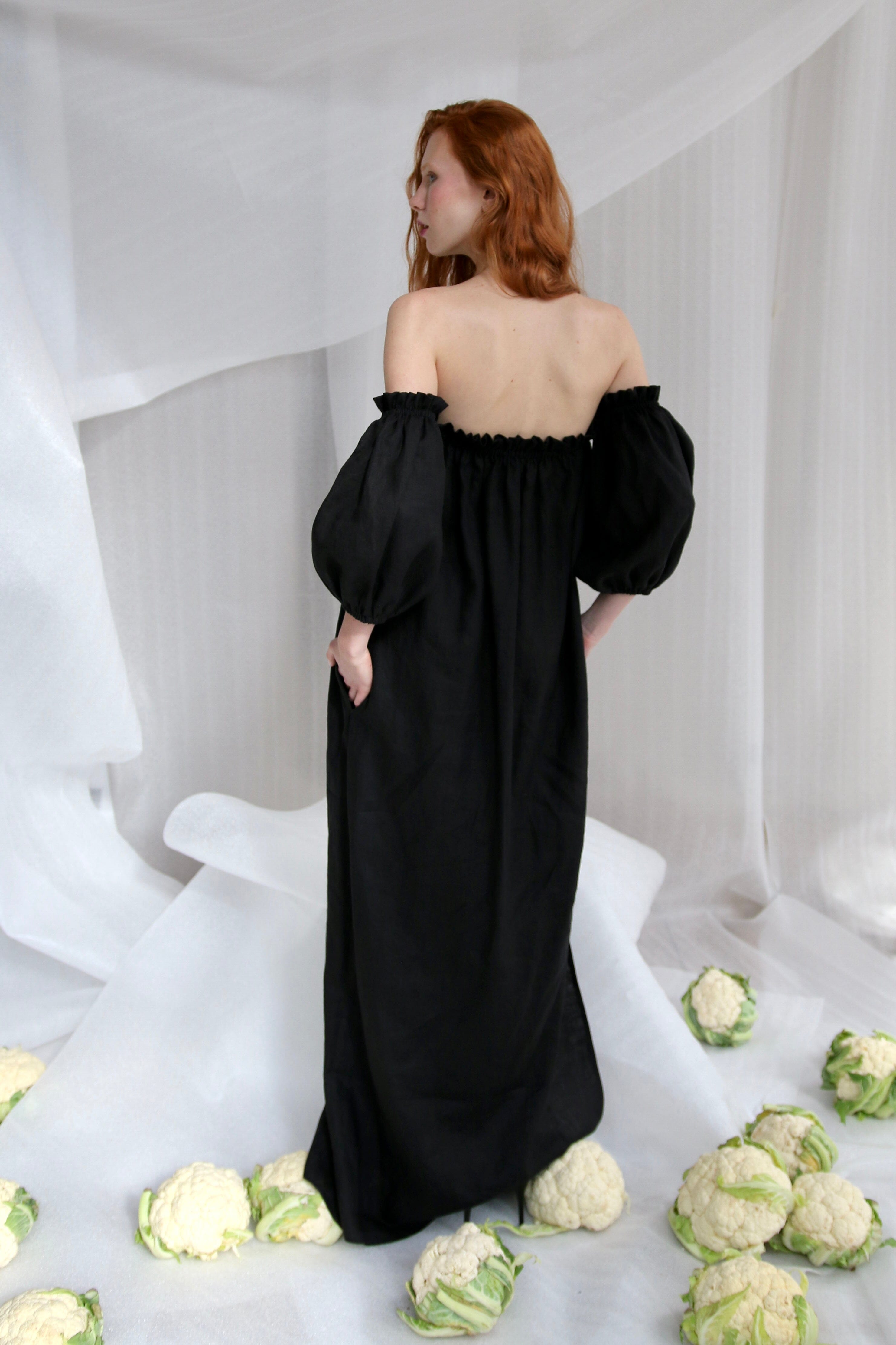  Black Linen Off-Shoulder Dress Product Amoralle