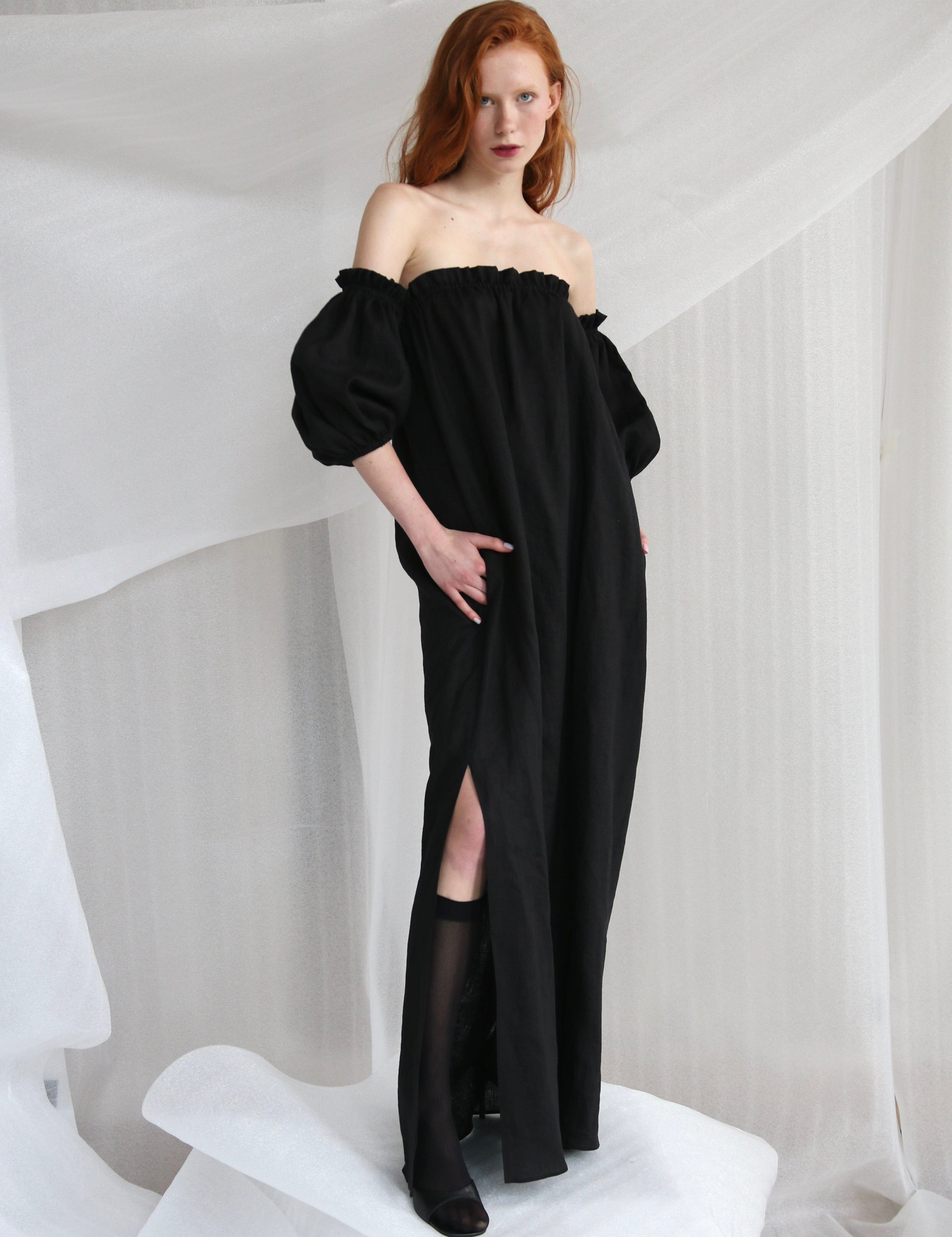  Black Linen Off-Shoulder Dress Product Amoralle