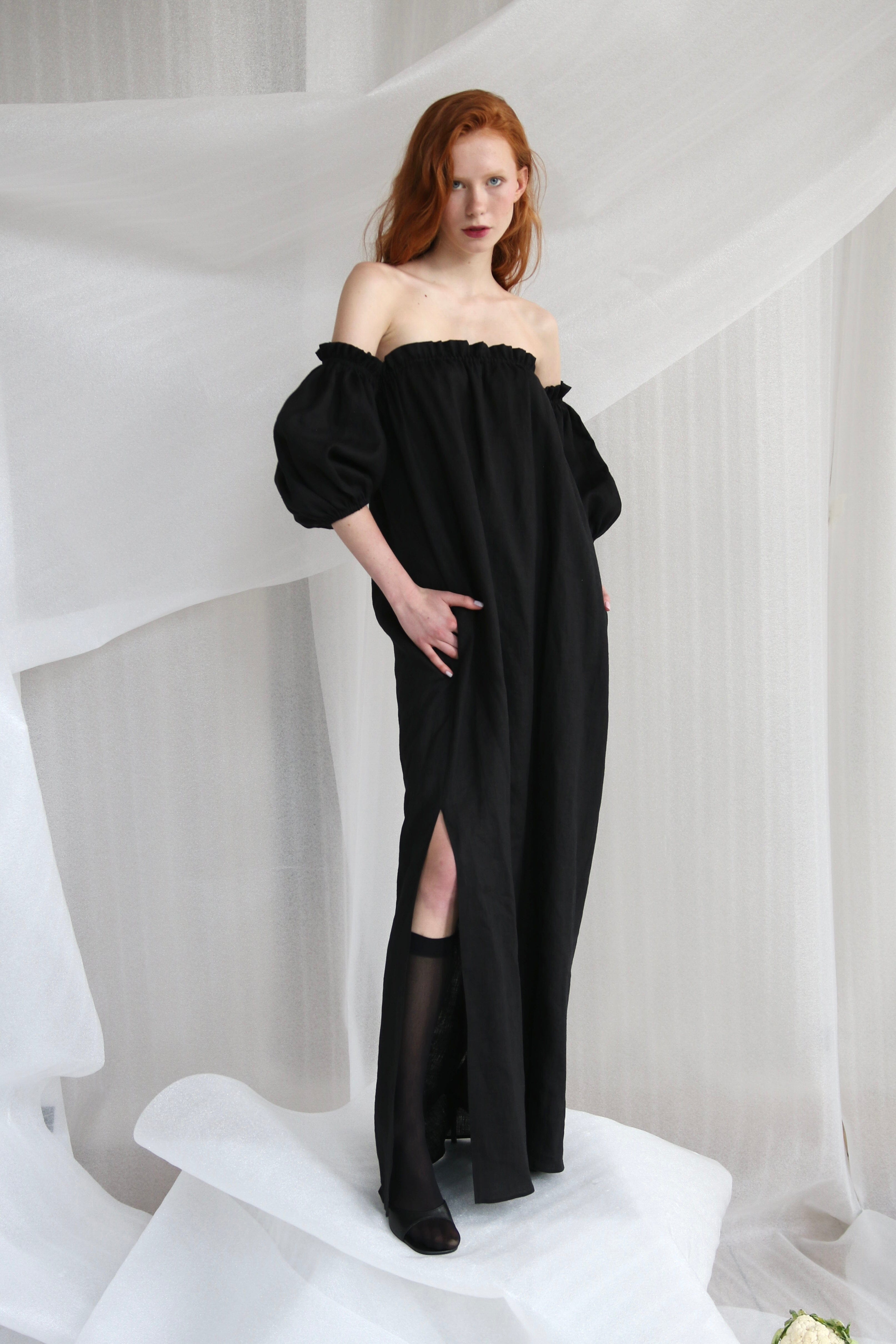  Black Linen Off-Shoulder Dress Product Amoralle