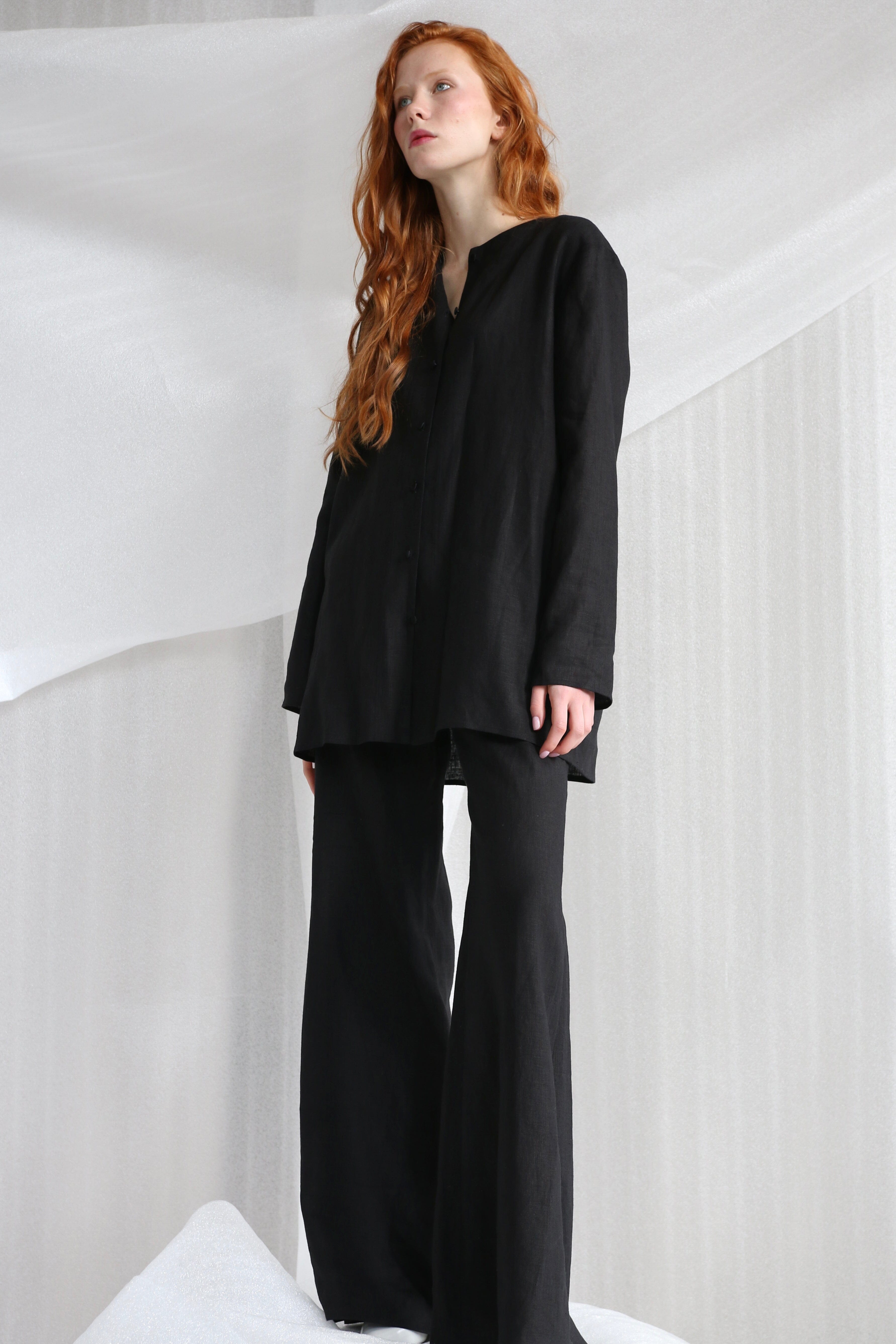  Black Linen Set With Silk Buttons - Jacket And Trousers Product Amoralle