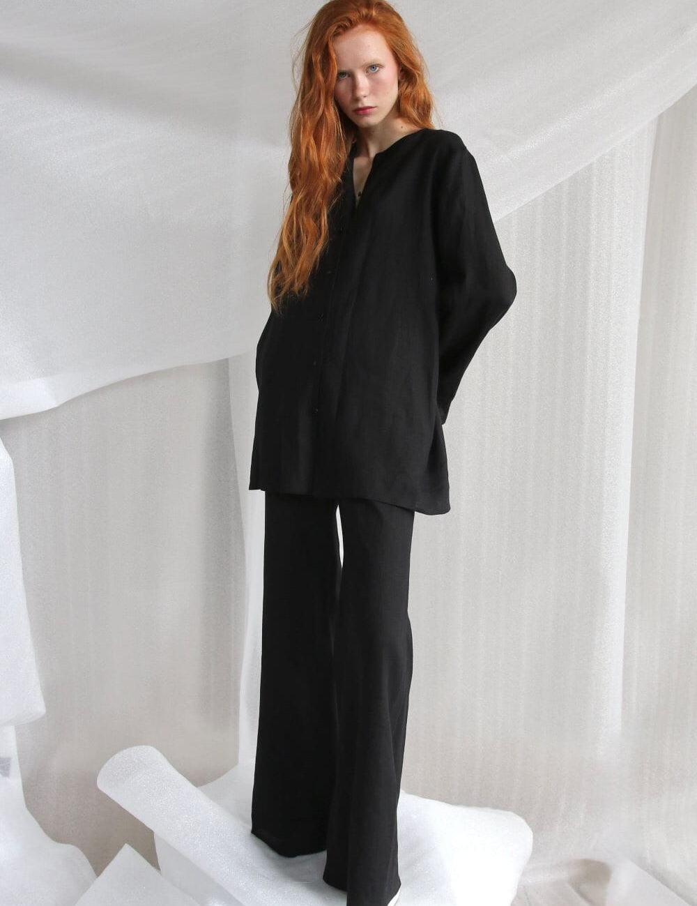  Black Linen Set With Silk Buttons-Jacket And Trousers Product Amoralle