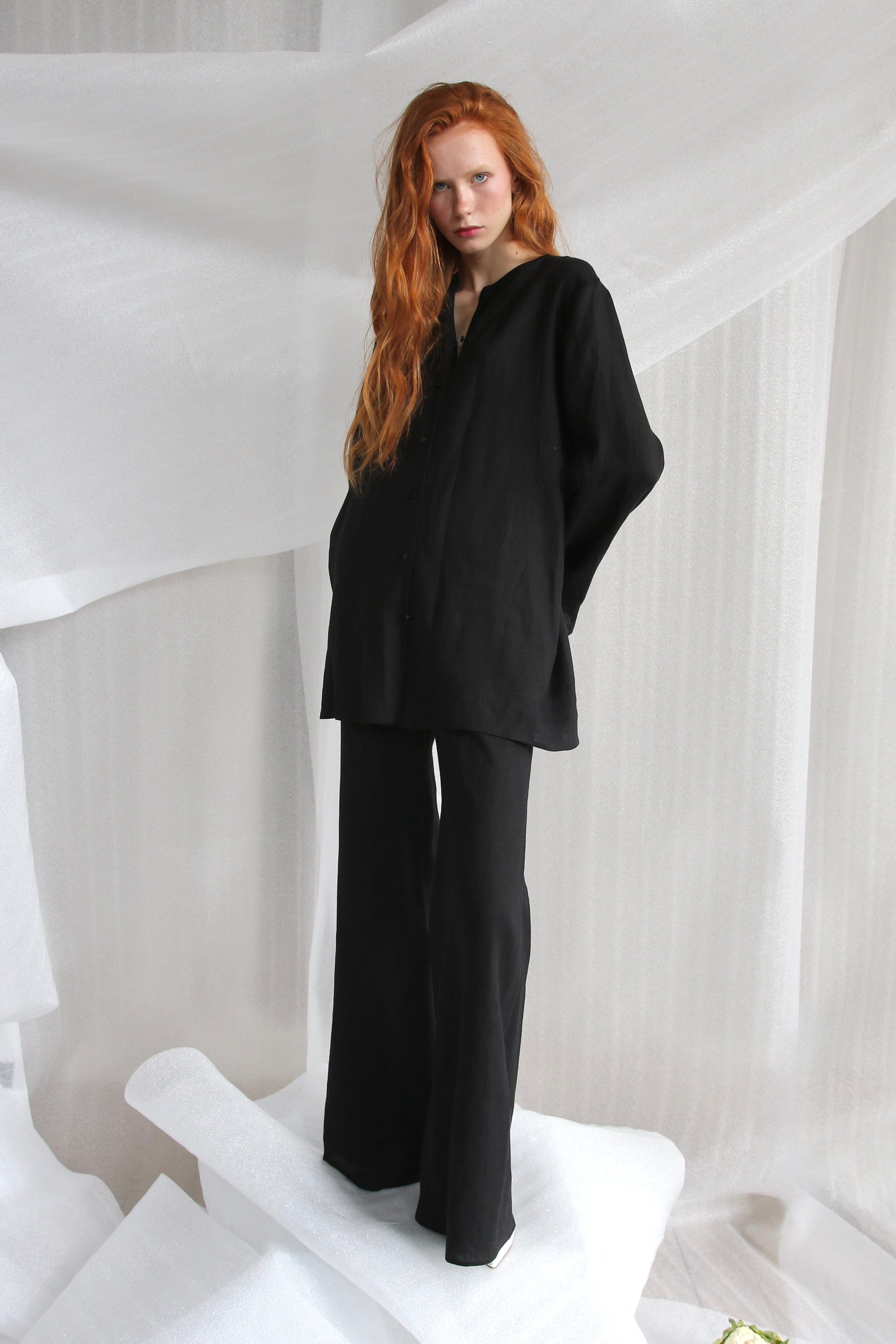  Black Linen Set With Silk Buttons - Jacket And Trousers Product Amoralle
