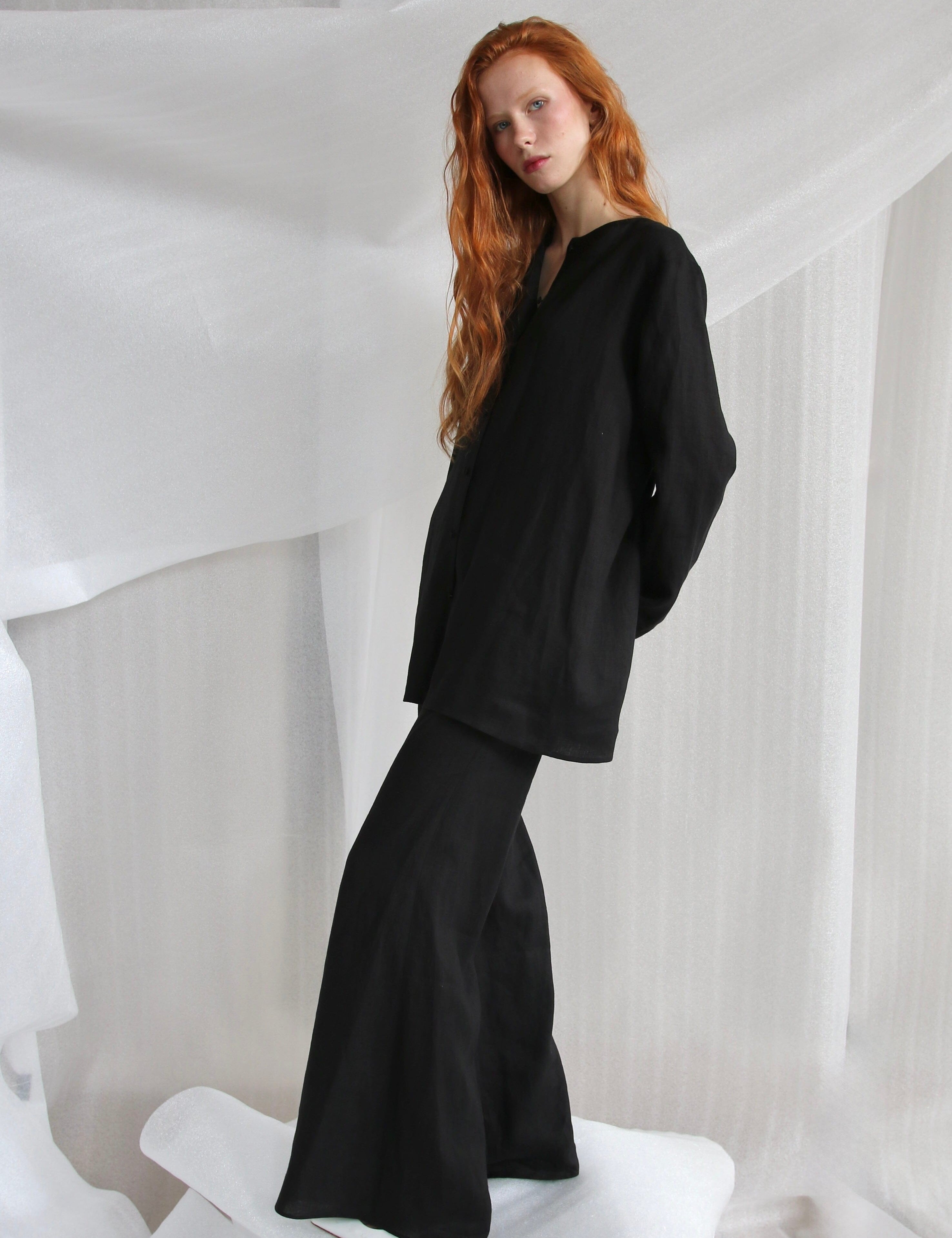  Black Linen Set With Silk Buttons - Jacket And Trousers Product Amoralle