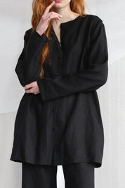  Black Linen Set With Silk Buttons - Jacket And Trousers Product Amoralle