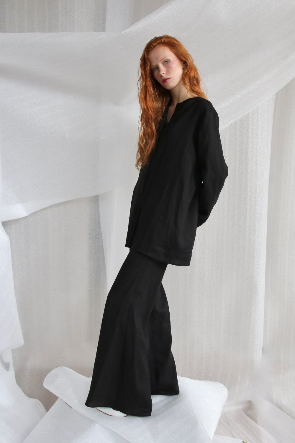  Black Linen Set With Silk Buttons-Jacket And Trousers Product Amoralle