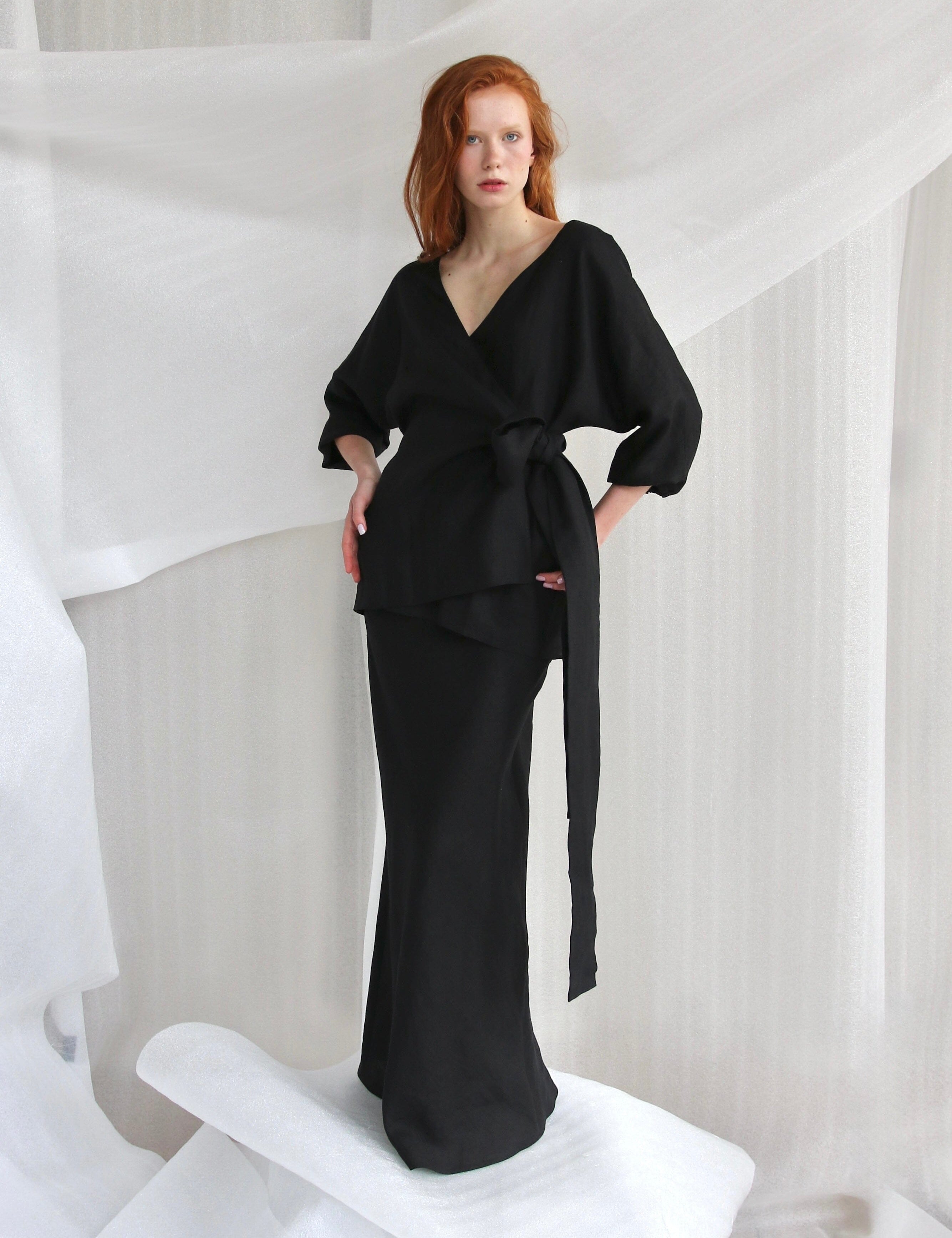  Black Linen Set-Wrap Kimono And Skirt Product Amoralle