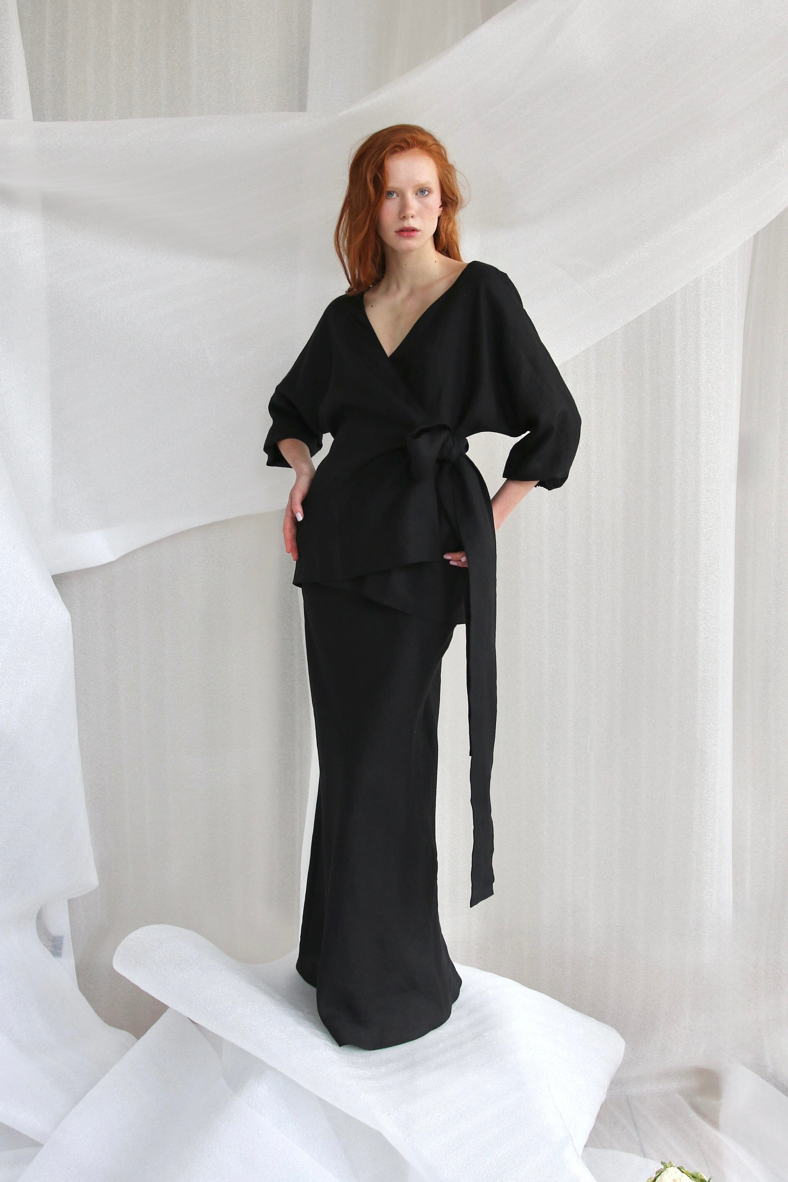  Black Linen Set-Wrap Kimono And Skirt Product Amoralle