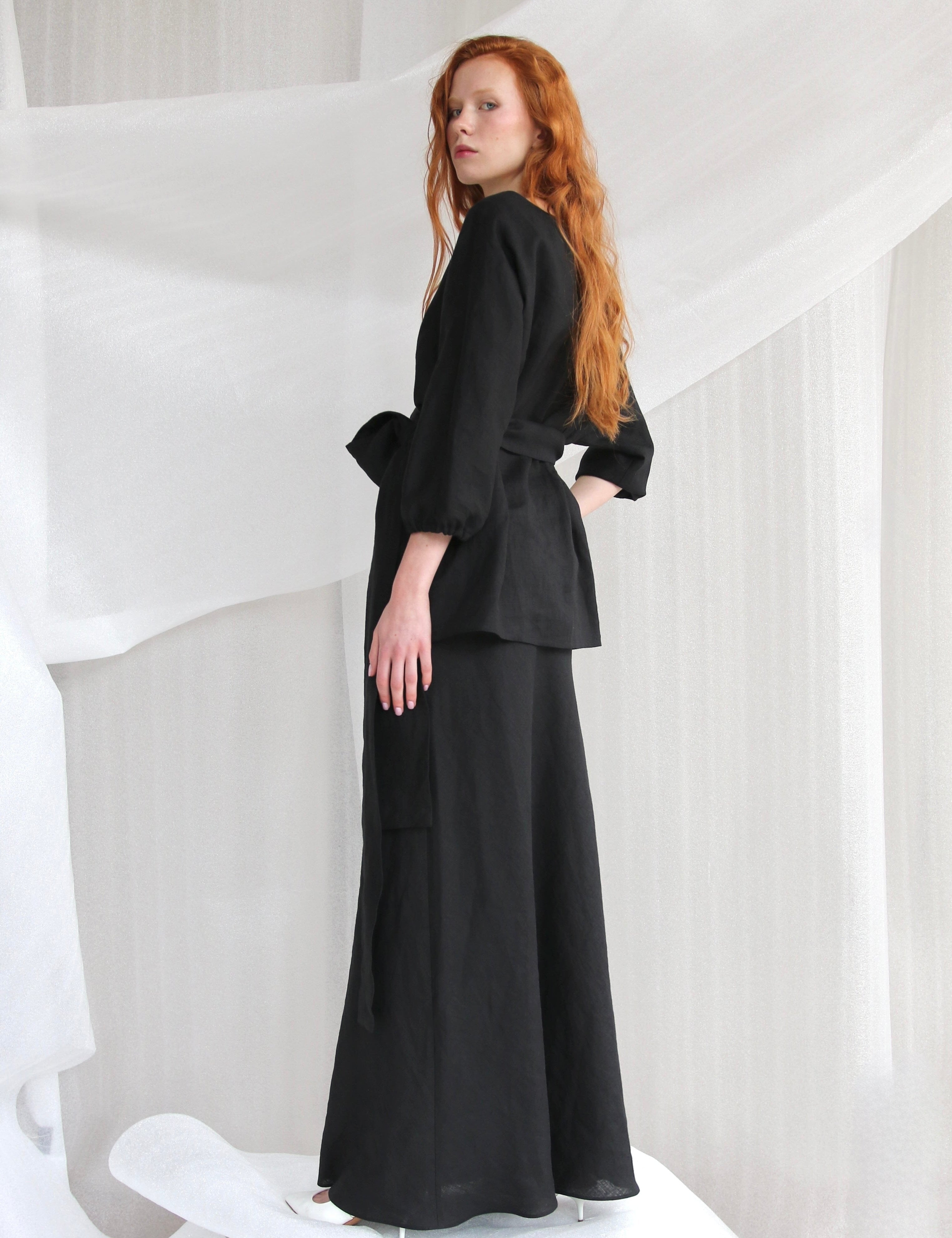  Black Linen Set-Wrap Kimono And Skirt Product Amoralle