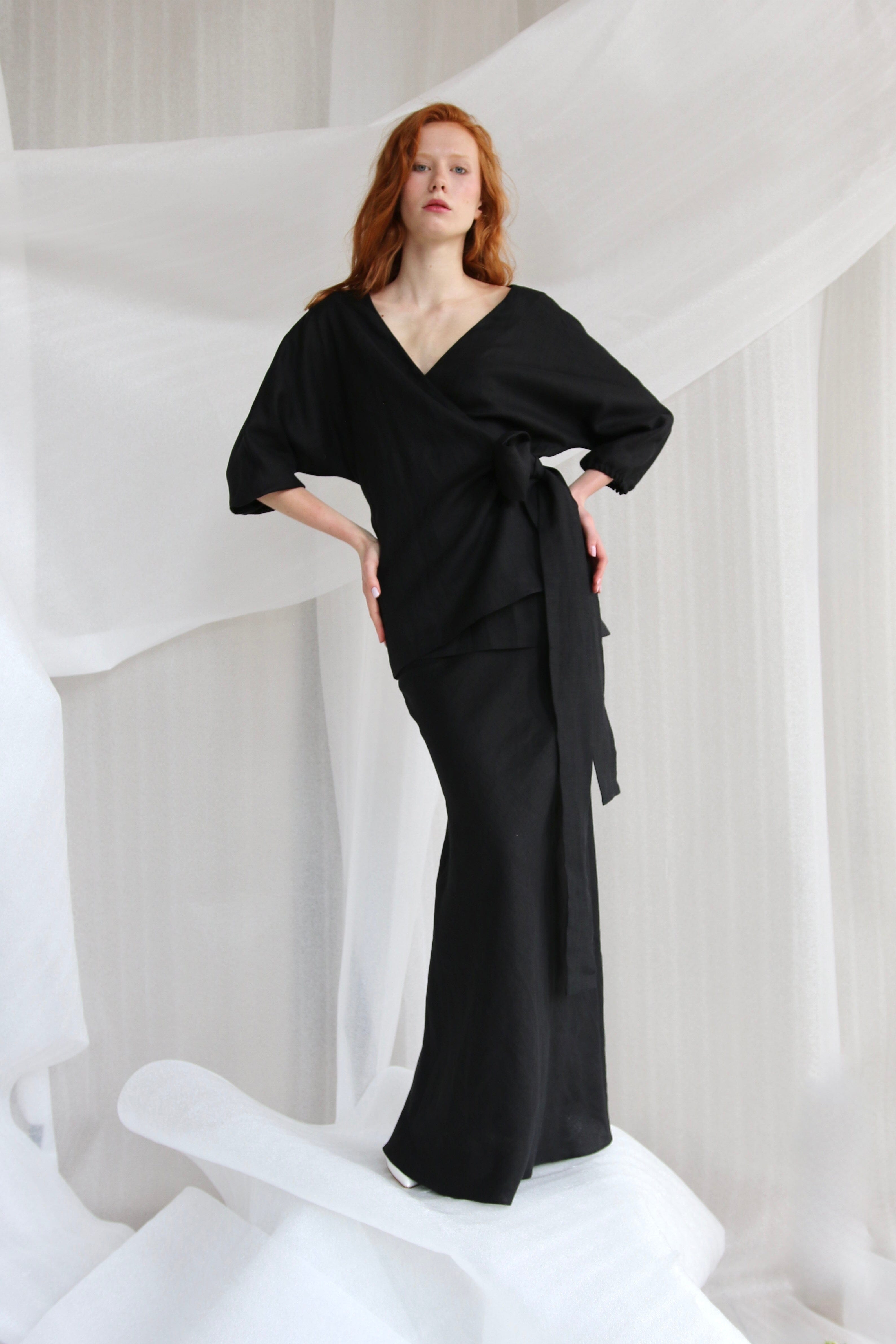  Black Linen Set-Wrap Kimono And Skirt Product Amoralle