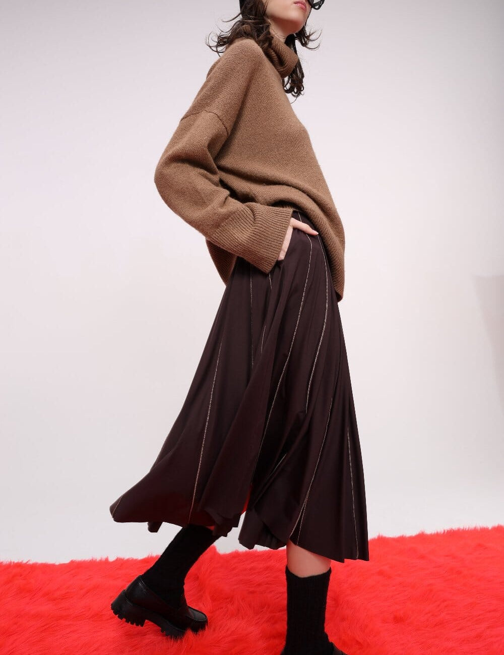  Brown Stitch Detail Midi Skirt Product Amoralle