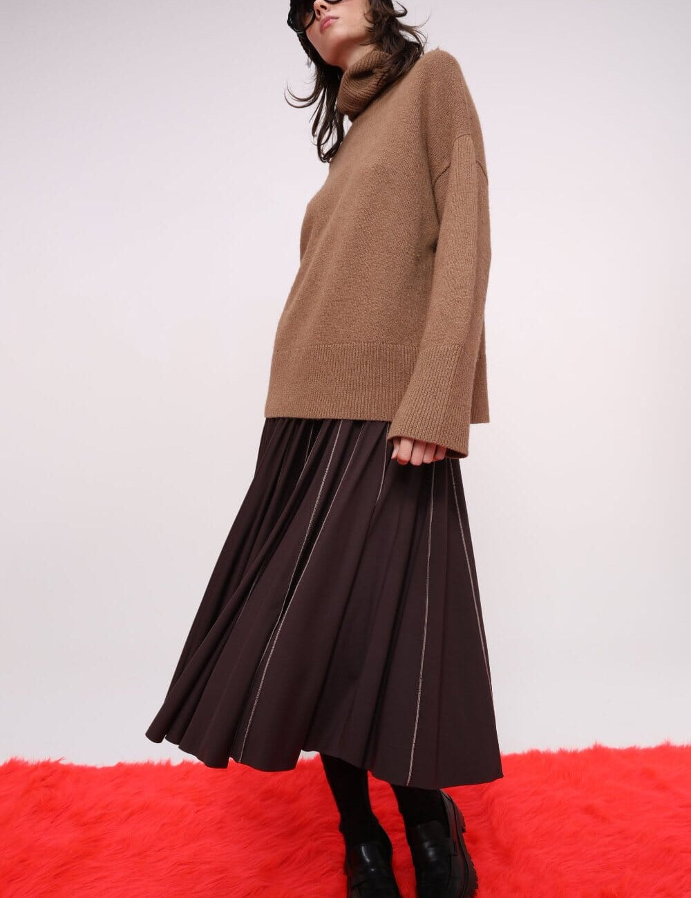  Brown Stitch Detail Midi Skirt Product Amoralle