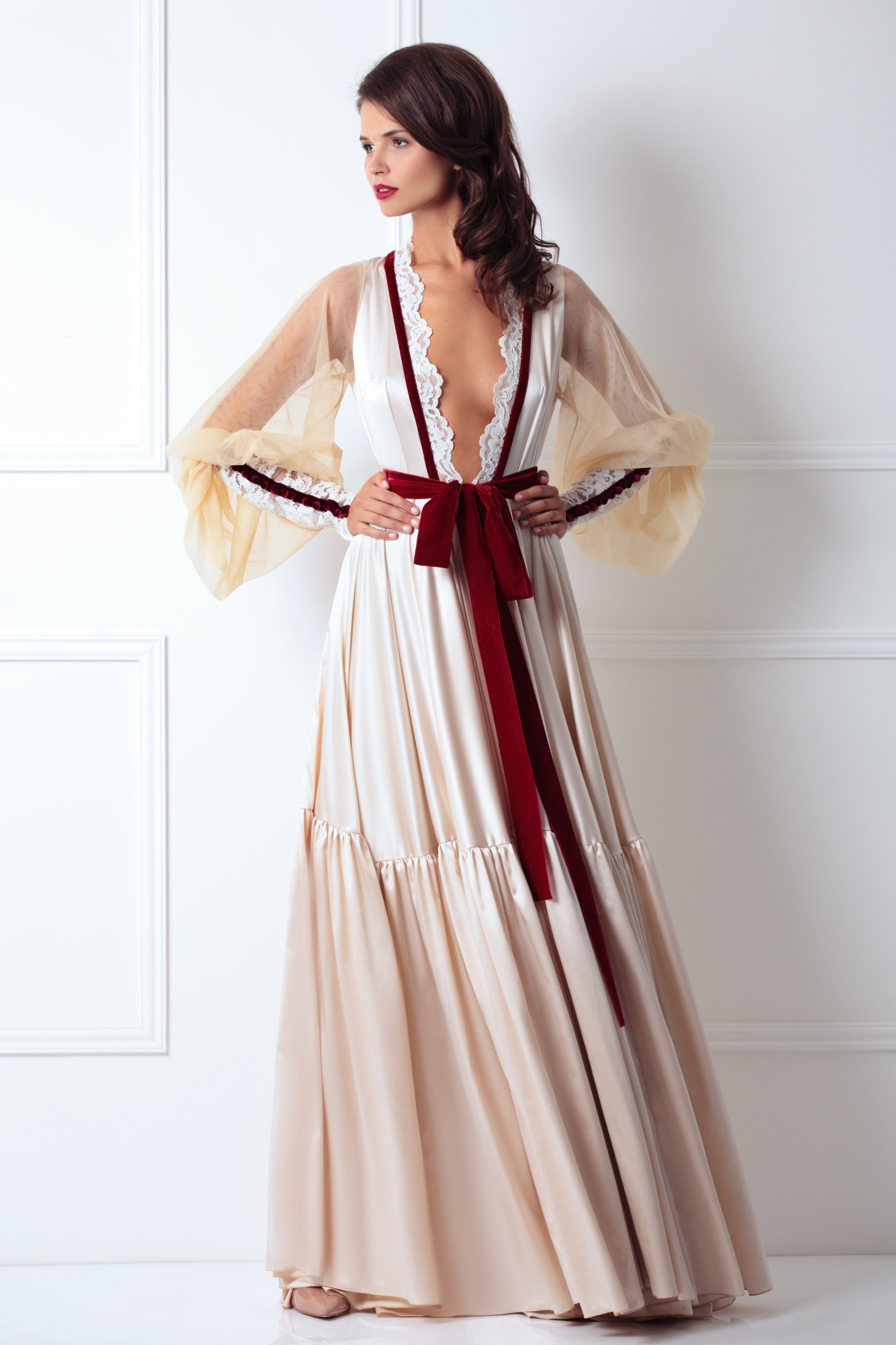  Cream Full Satin Maxi Robe Product Amoralle