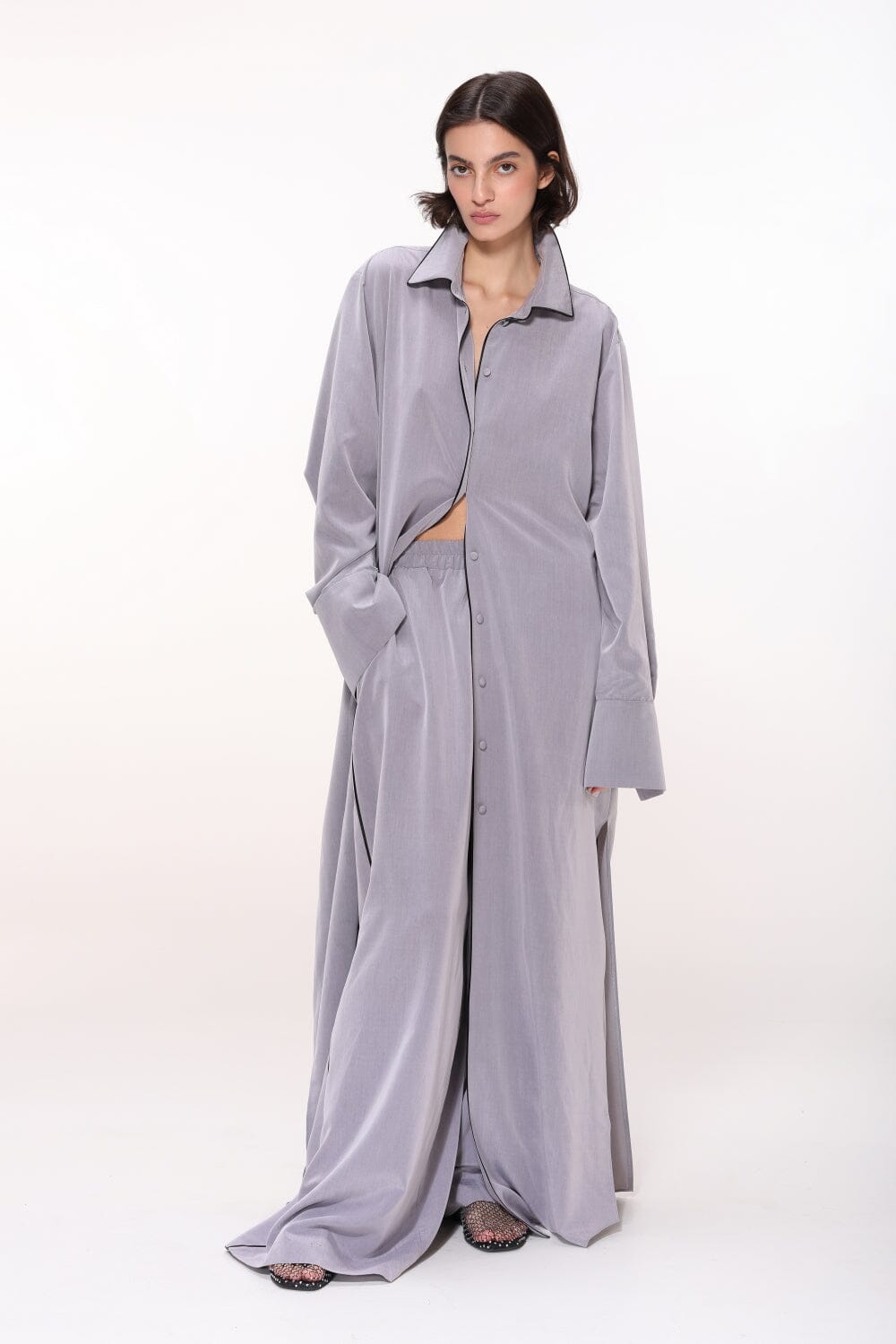  Elegant Grey Satin-Trimmed Pants Product Amoralle