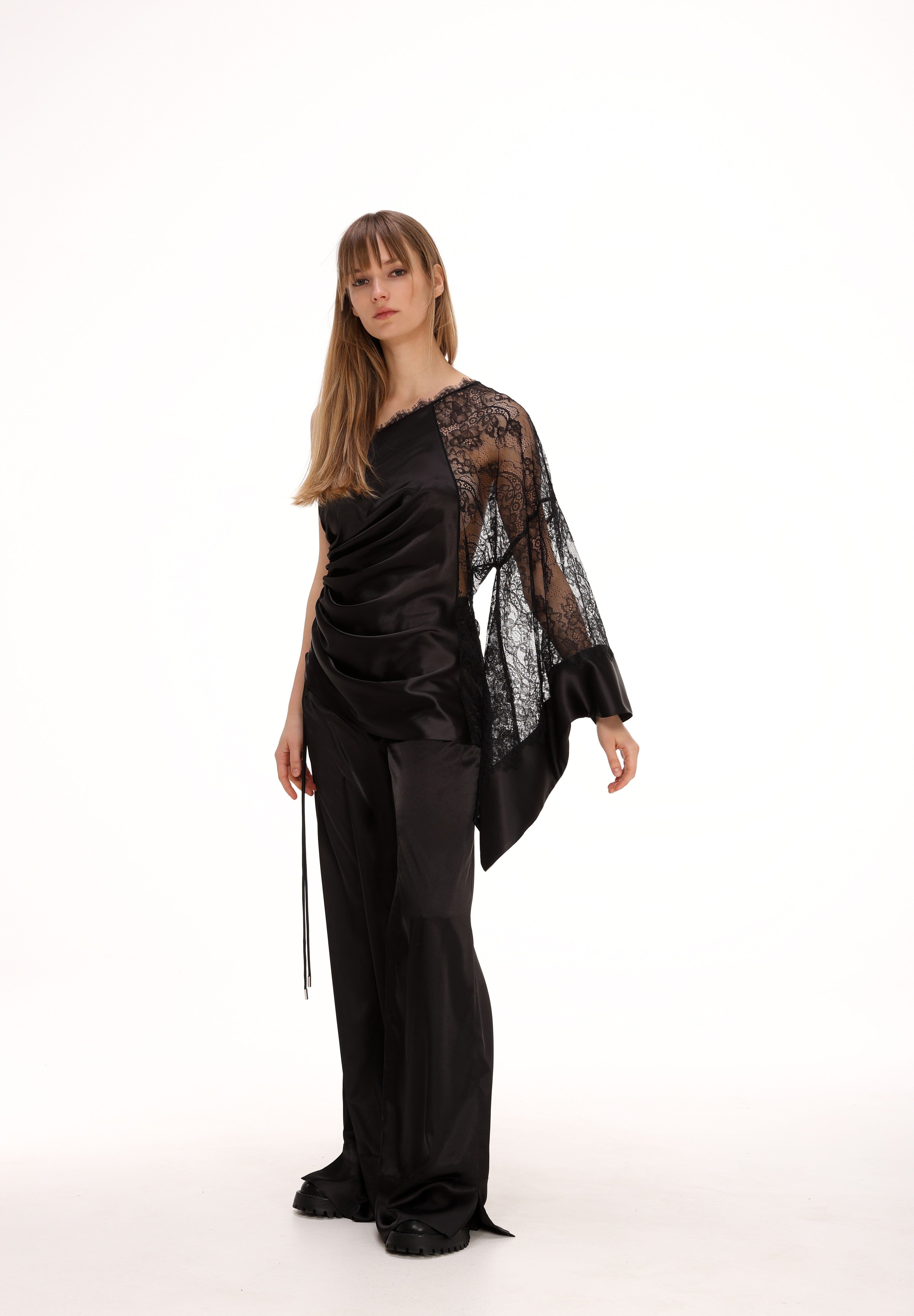  Gathered Satin and Lace Blouse Product Amoralle