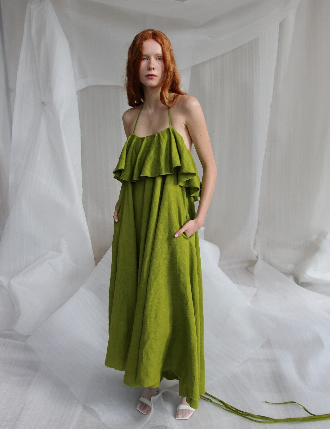  Green Linen Midi Dress Product Amoralle