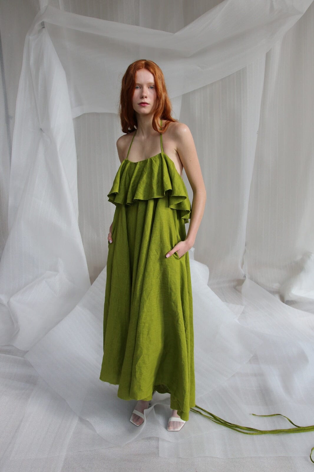  Green Linen Midi Dress Product Amoralle