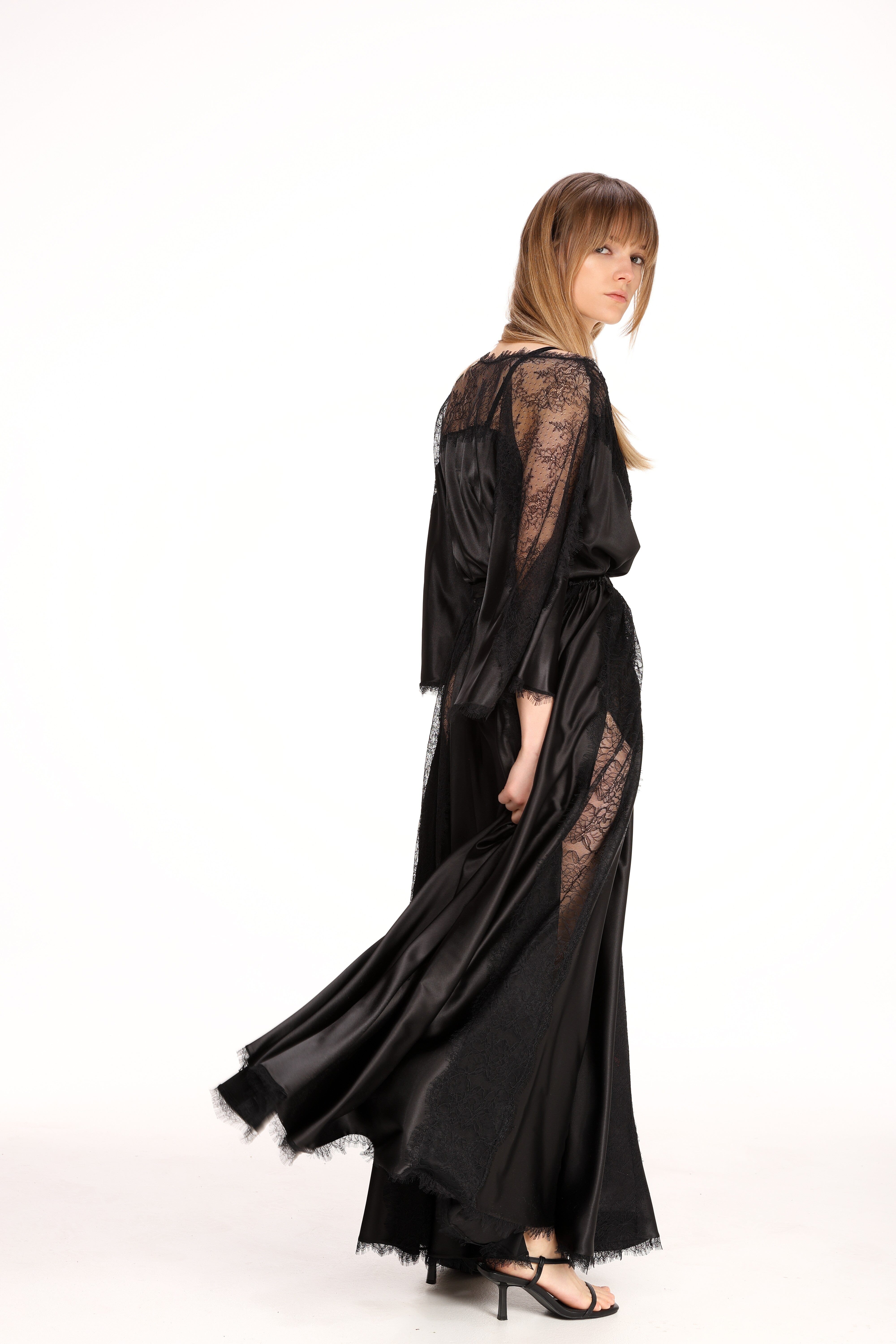  Lace Detail Satin Wrap Dress Product Amoralle