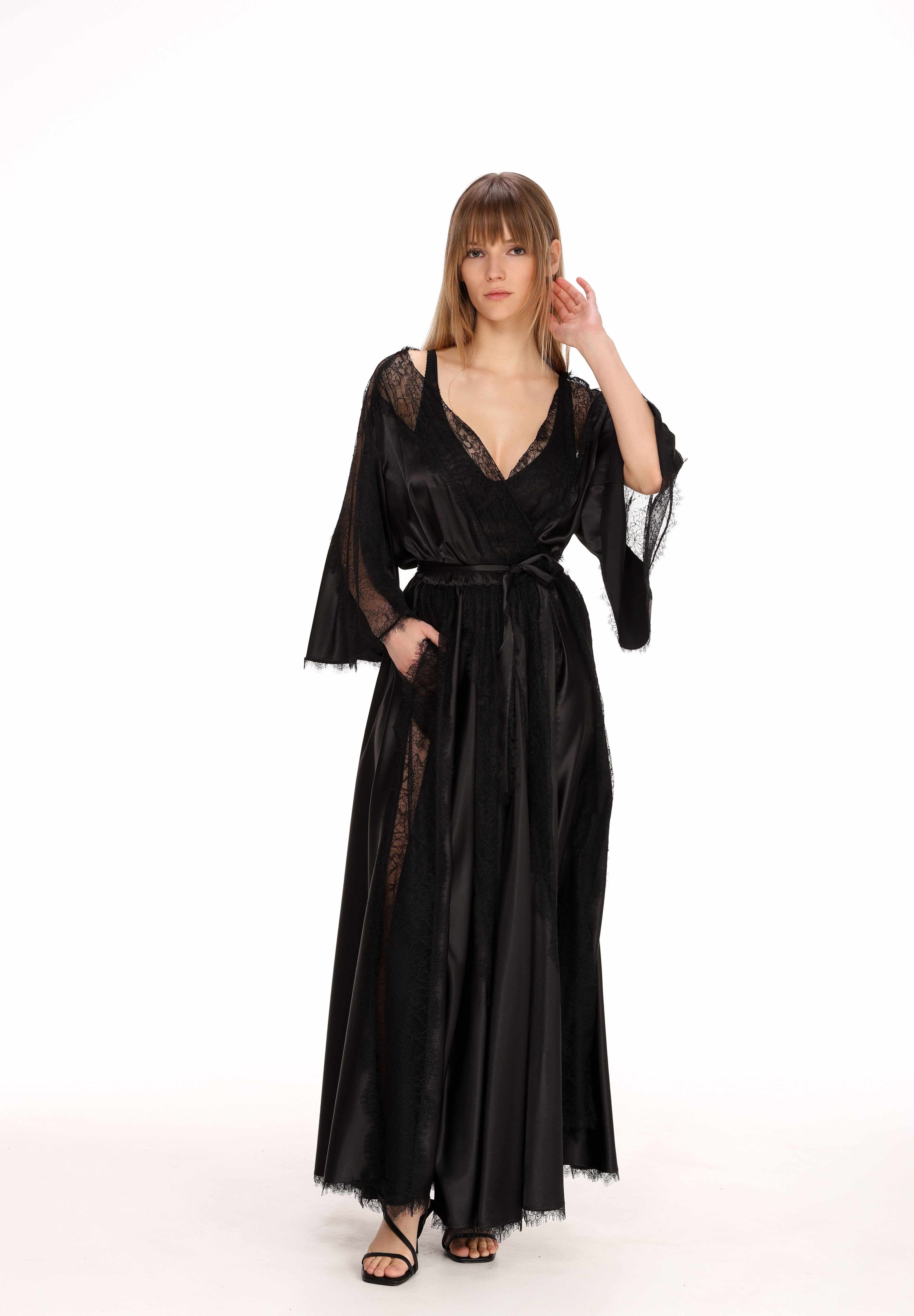  Lace Detail Satin Wrap Dress Product Amoralle