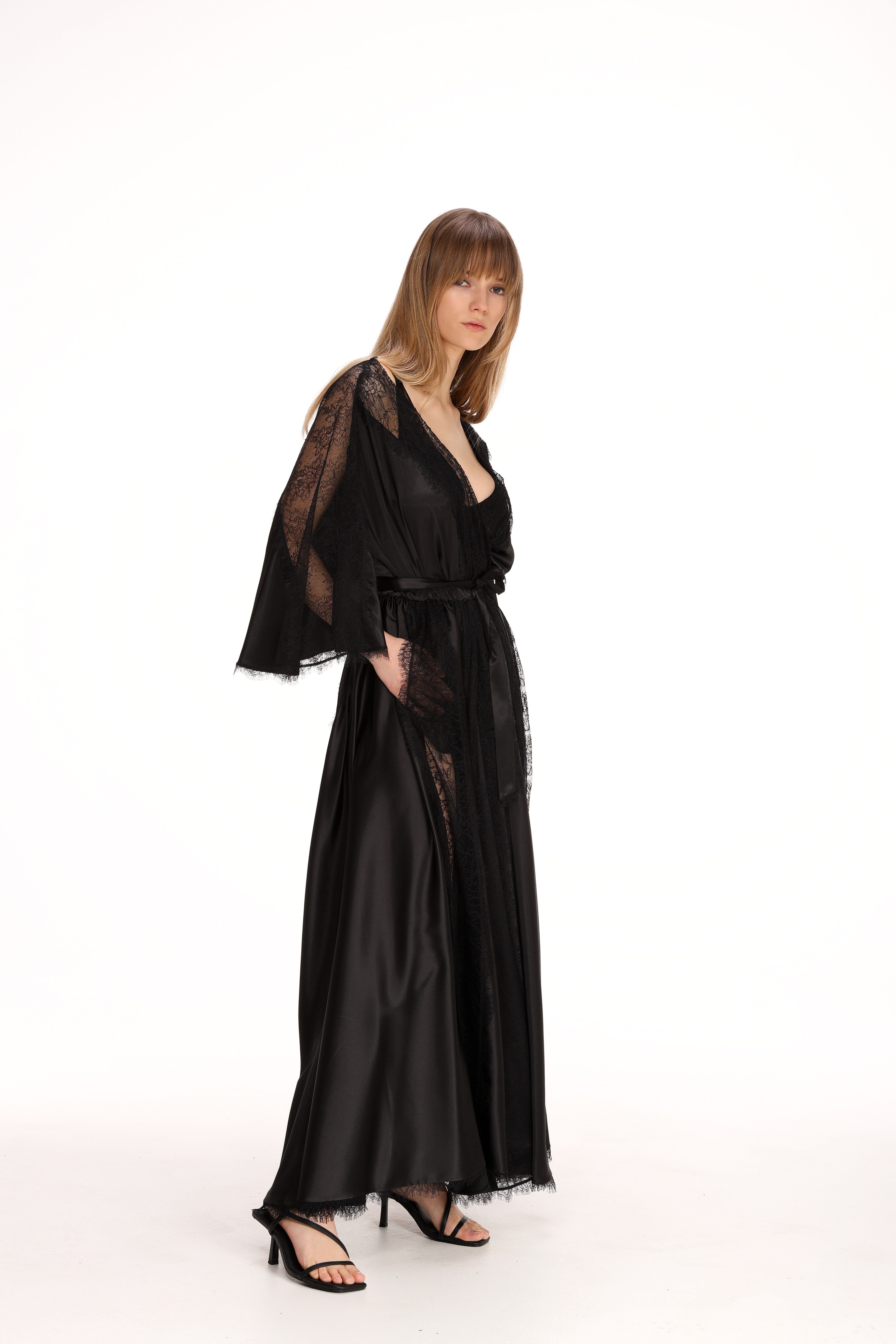  Lace Detail Satin Wrap Dress Product Amoralle