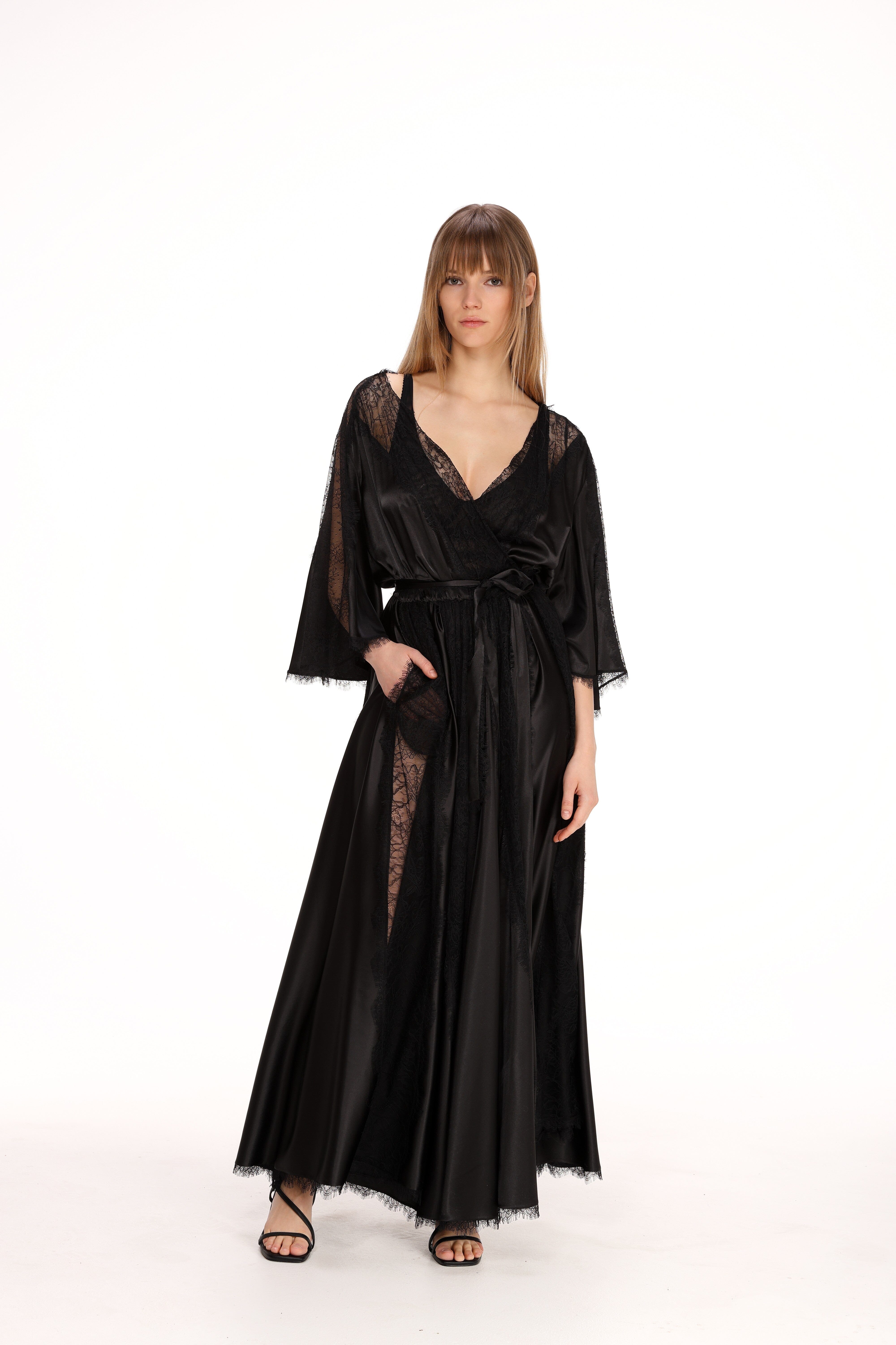  Lace Detail Satin Wrap Dress Product Amoralle