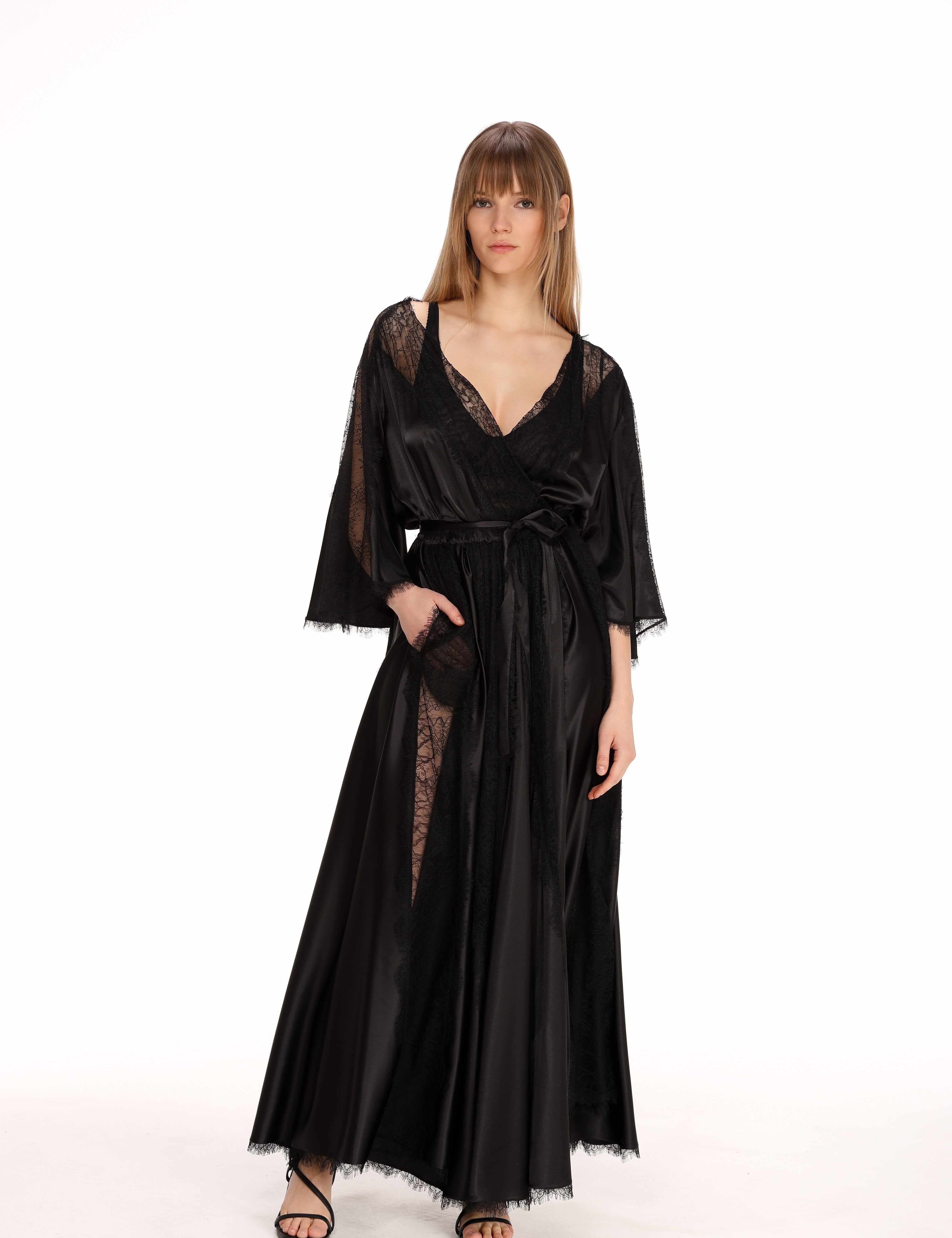  Lace Detail Satin Wrap Dress Product Amoralle