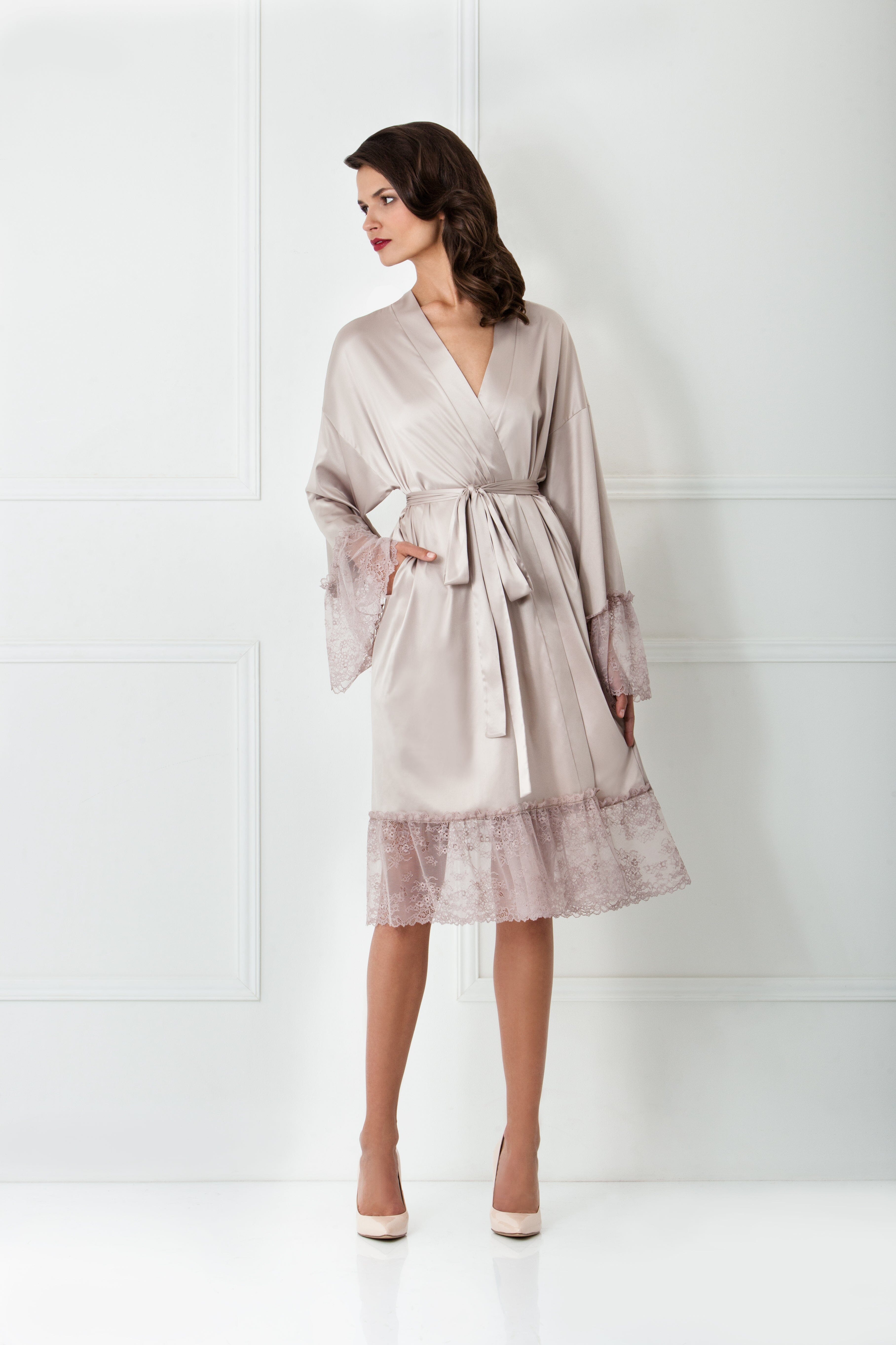  Lace Ruffle Midi Satin Robe Product Amoralle