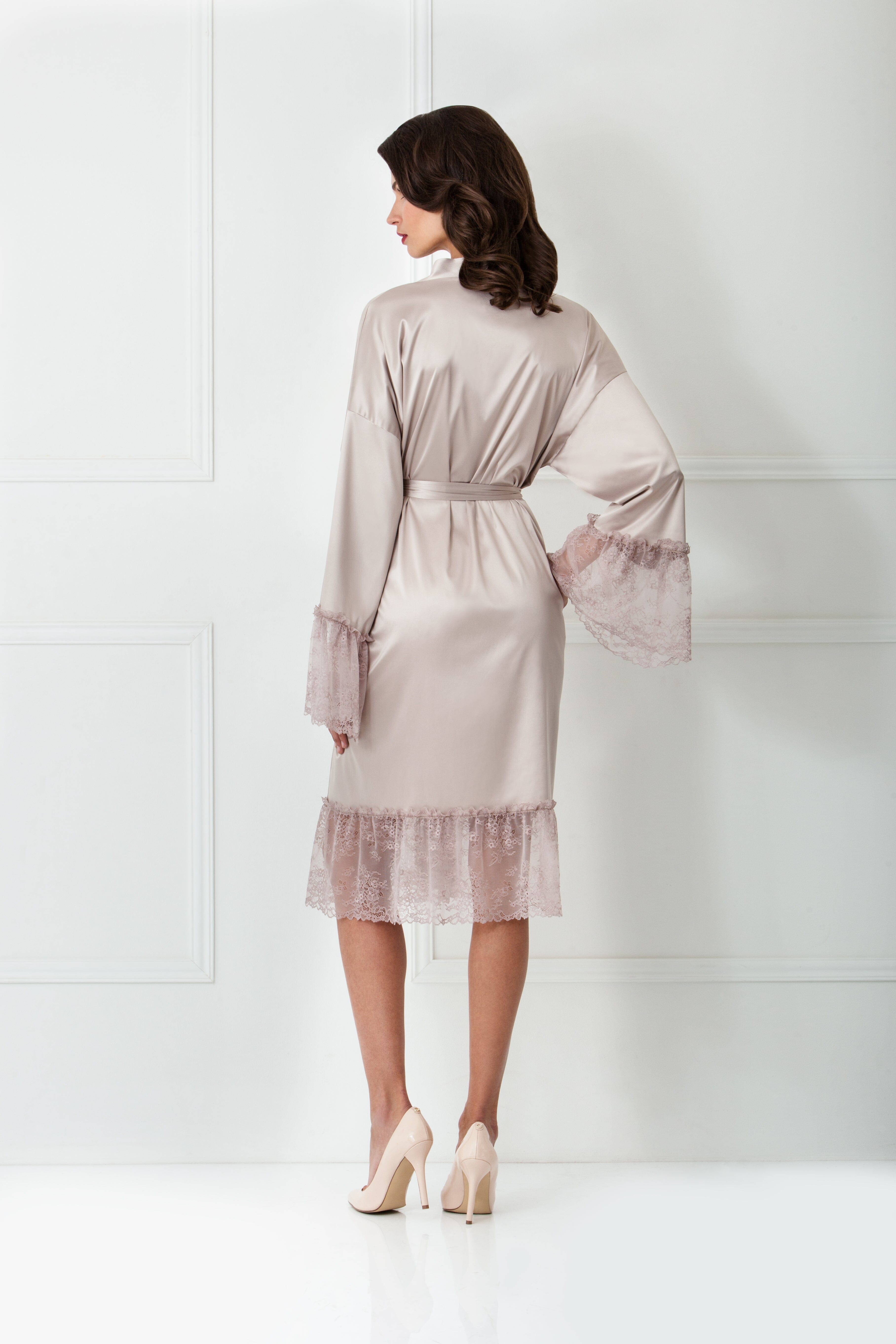 Lace Ruffle Midi Satin Robe – Amoralle