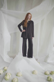 Black Linen Set With Silk Buttons - Jacket And Trousers