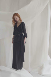 Black Linen Set-Wrap Kimono And Skirt