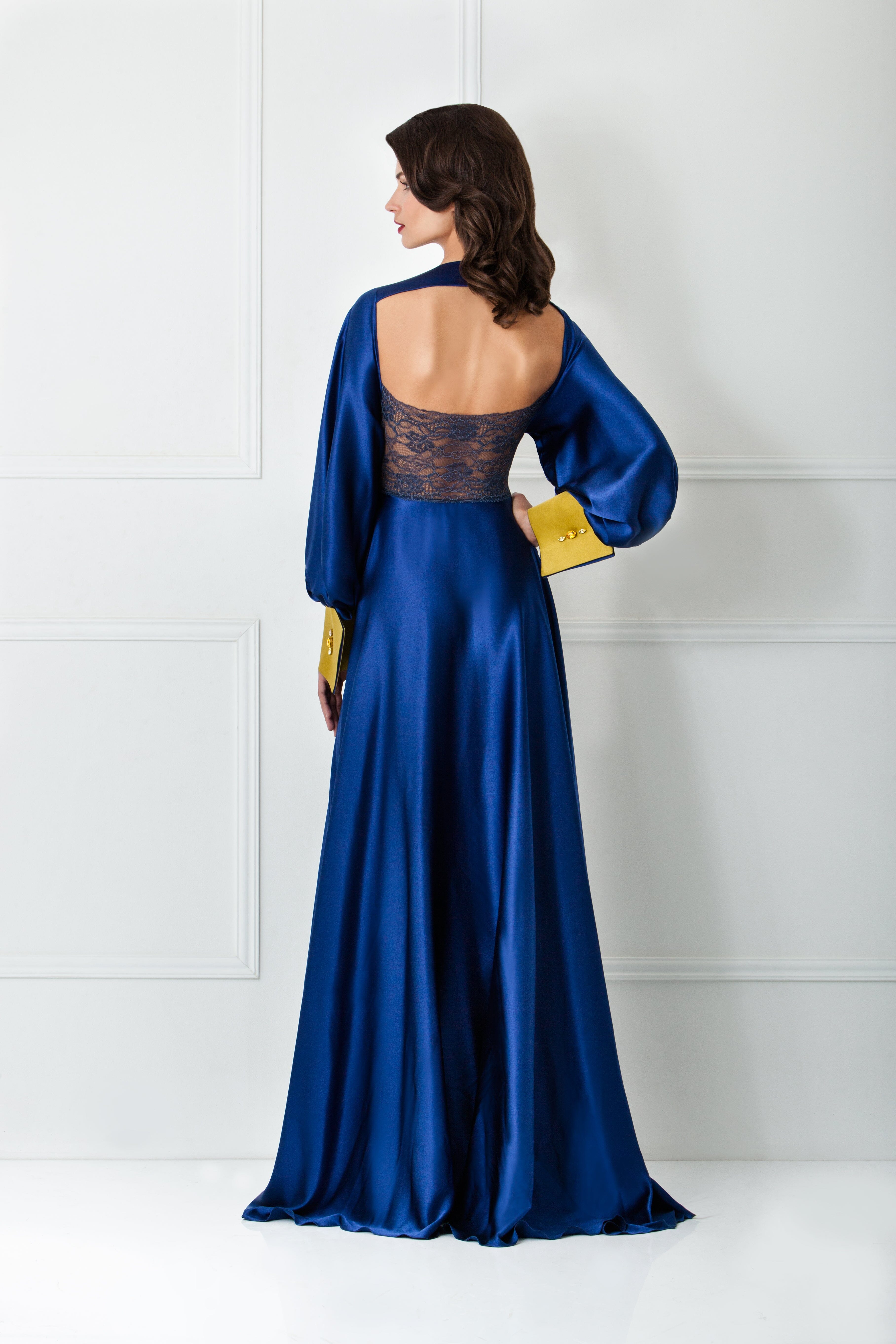  Sapphire Color Lace Back Silk Robe Product Amoralle