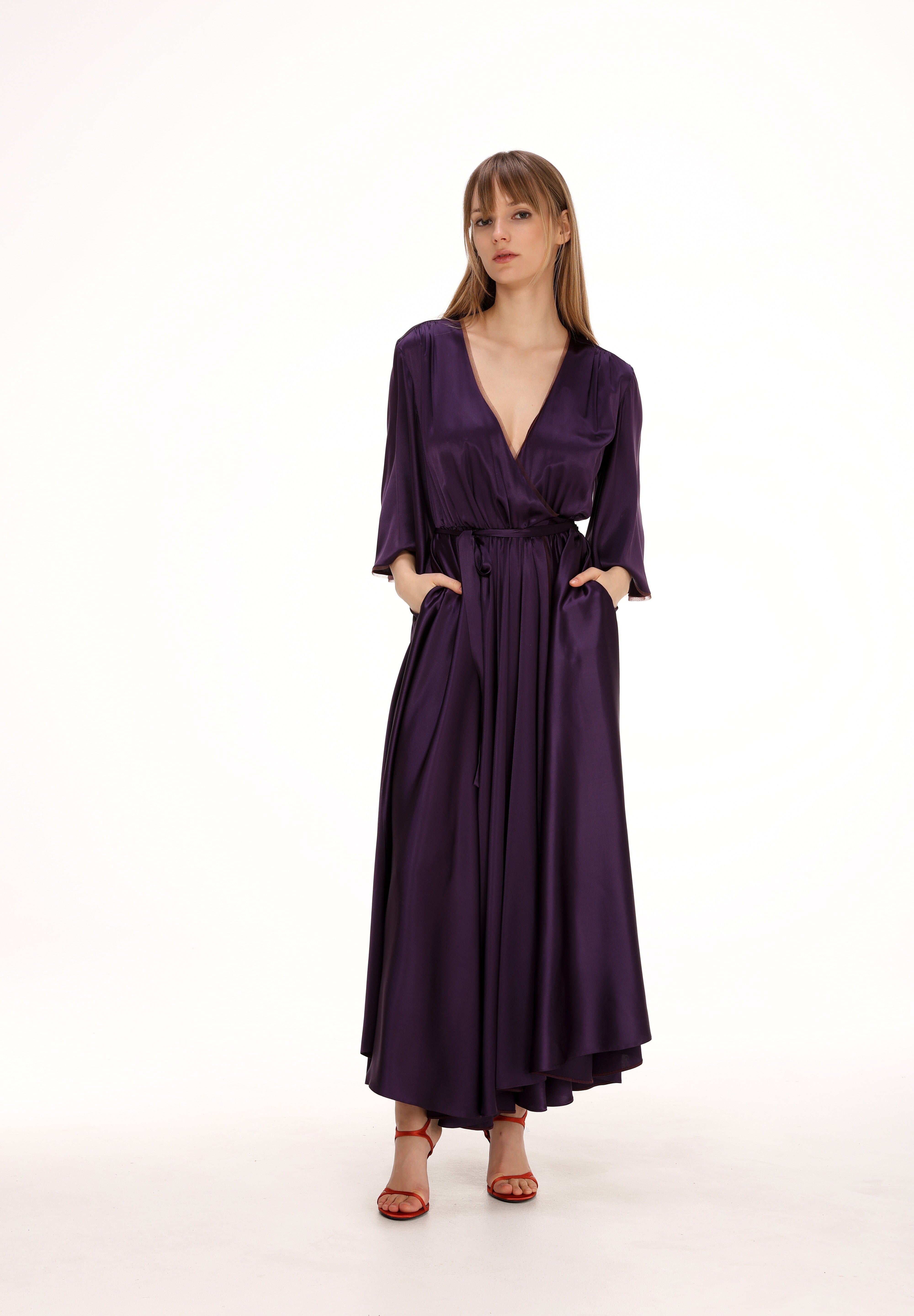  Silk Midi Wrap Dress in Plum Product Amoralle