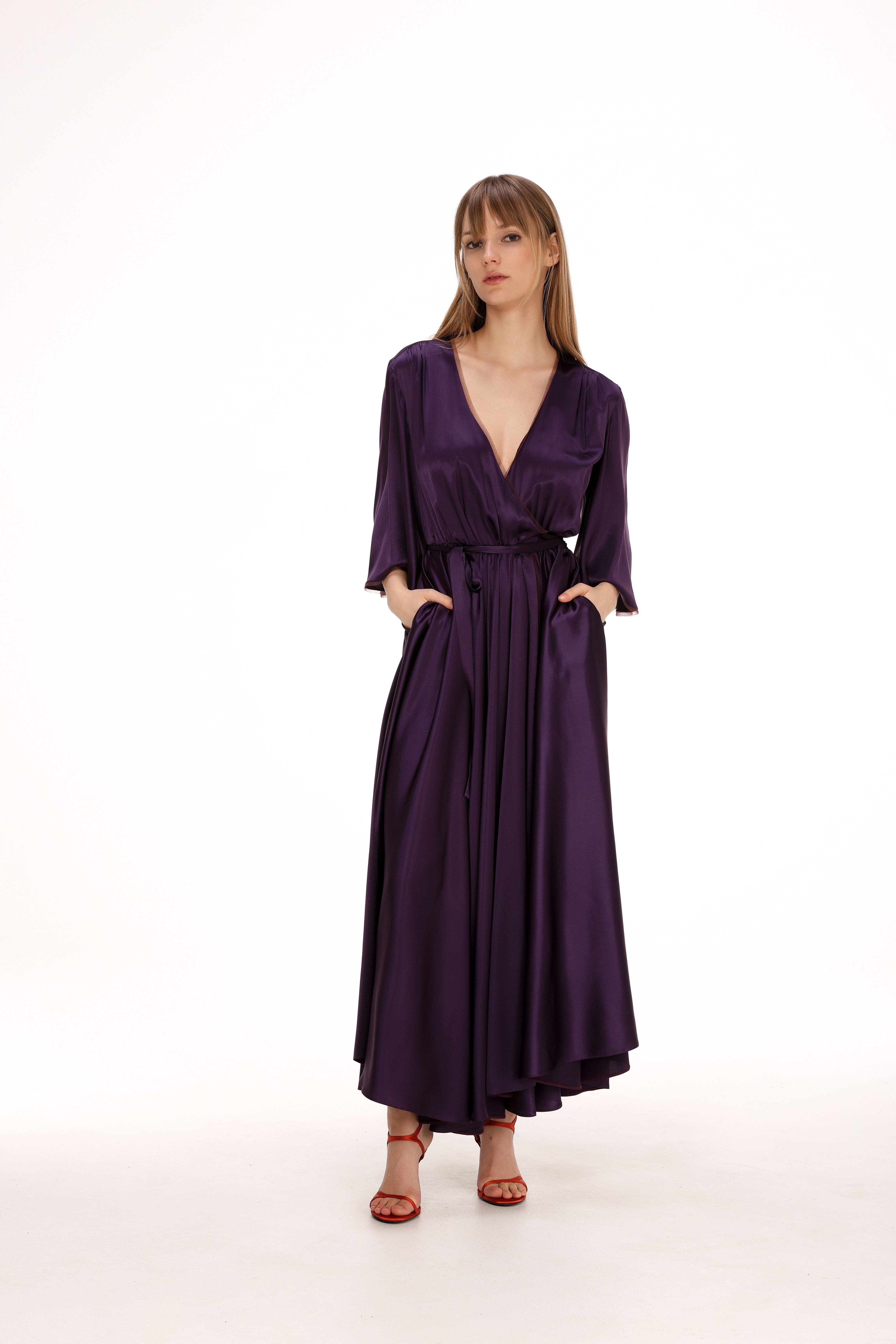  Silk Midi Wrap Dress in Plum Product Amoralle