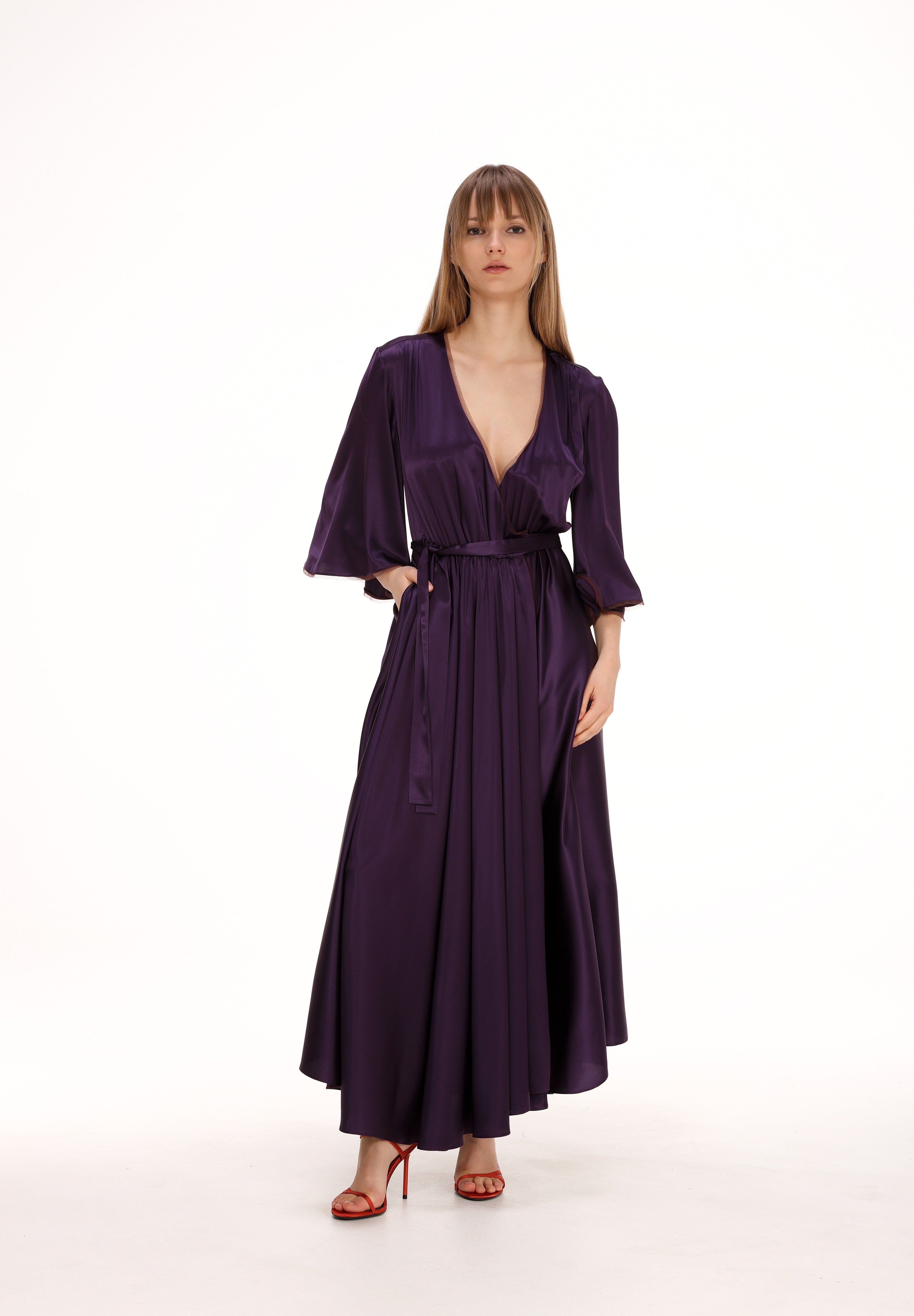  Silk Midi Wrap Dress in Plum Product Amoralle