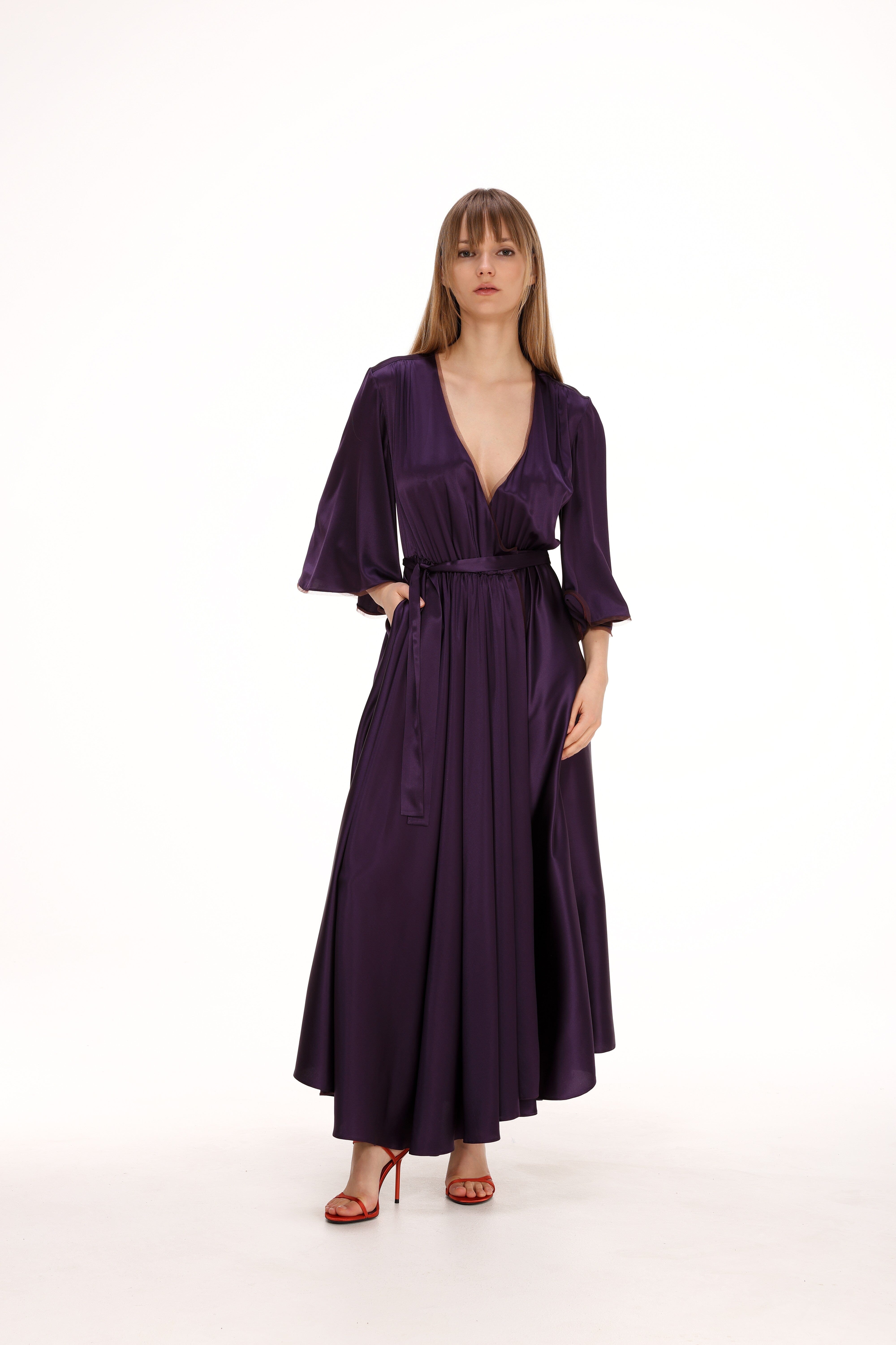  Silk Midi Wrap Dress in Plum Product Amoralle