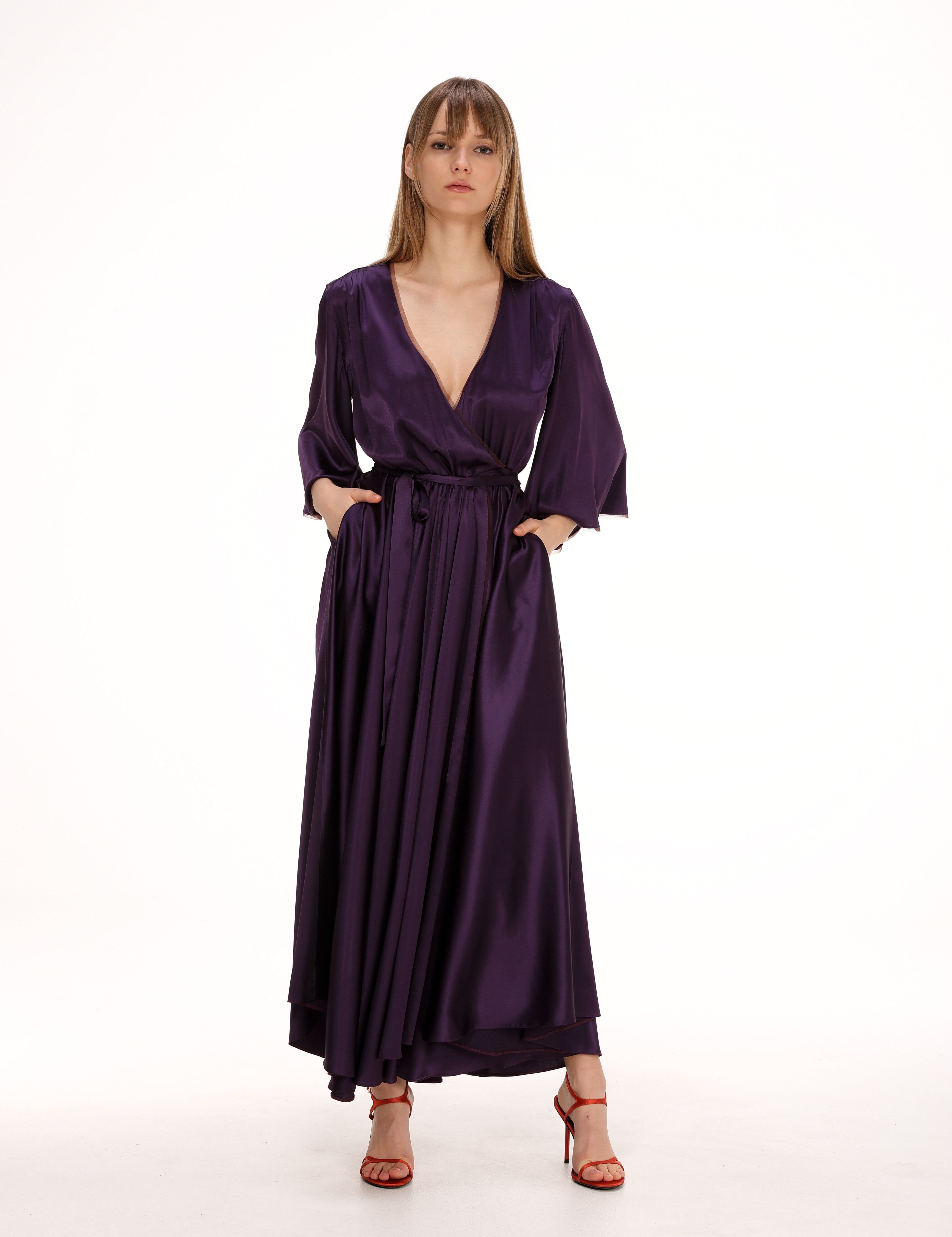  Silk Midi Wrap Dress in Plum Product Amoralle